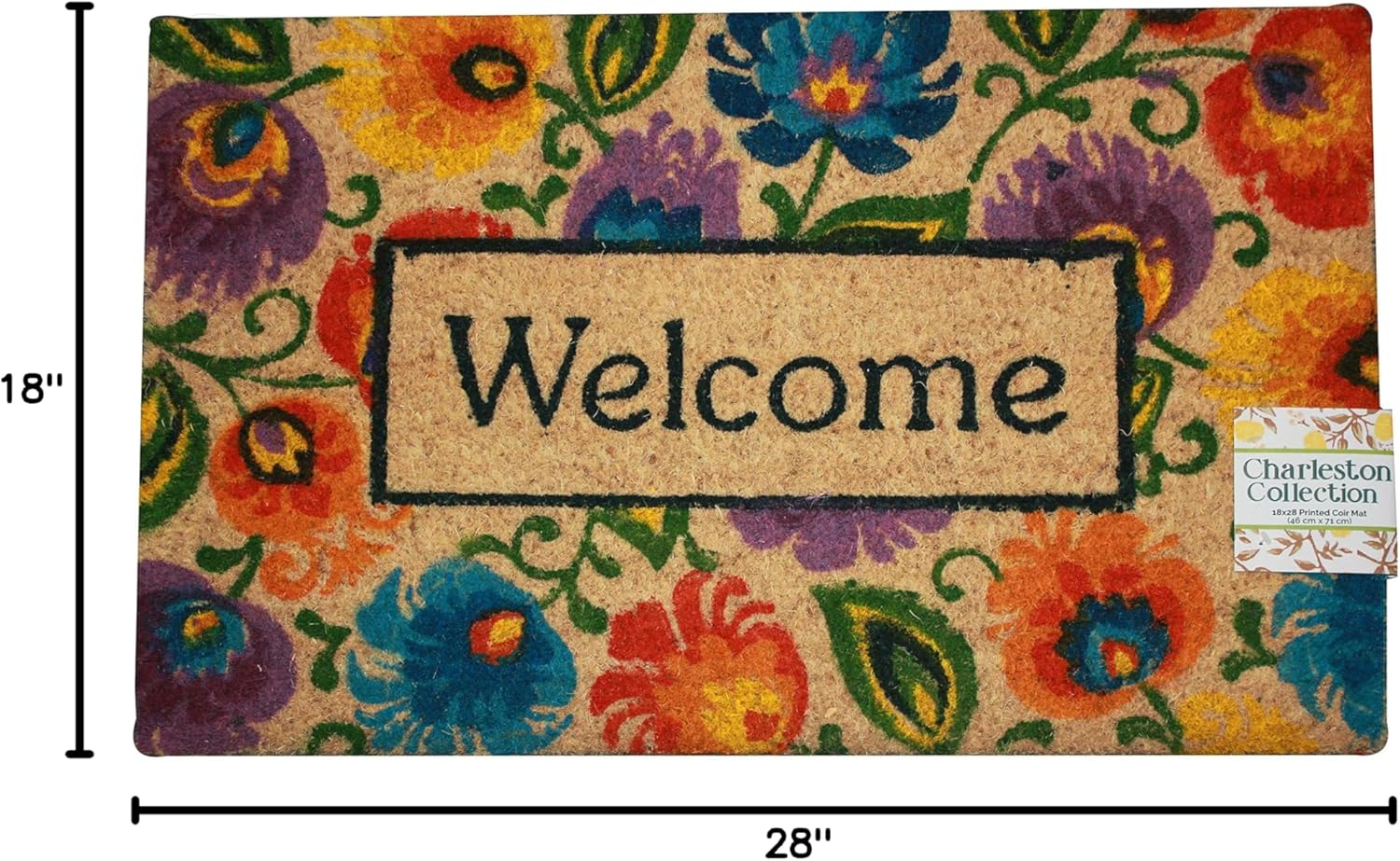 Kashi Home Printed Coir Outdoor Doormat, Welcome Mat, Charleston Collection 18" x 28" (Floral Welcome)