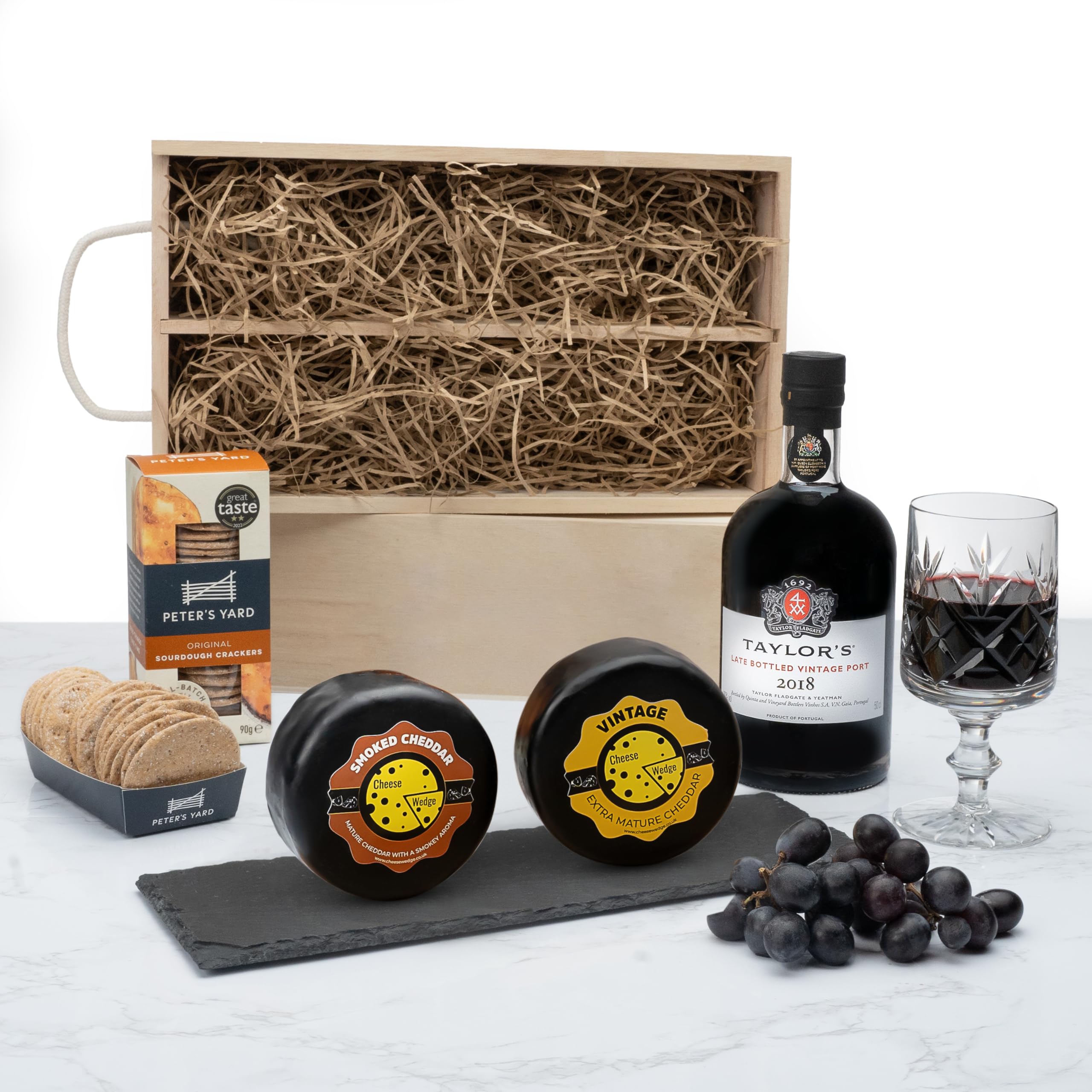 Luxury Cheese and Port Gift Hamper | Vintage & Smoked Cheese, Port, and Sourdough Crackers