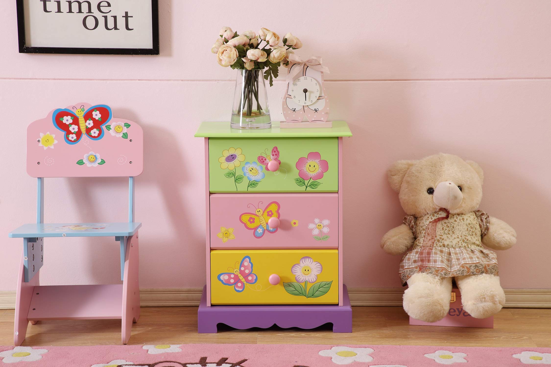 Kinder Schubladen | Mädchen Kommode Schlafzimmer | Aufbewahrungsboxen für Kinder, mit Schmetterlingsblumen-Gemälden, Rosa, Grün, Gelb, Lila (Kommode)