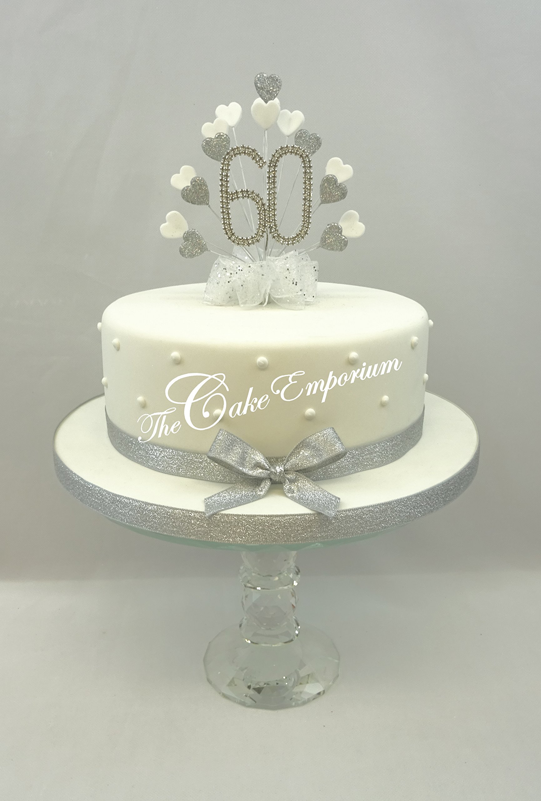 The Cake Emporium Ltd Silver Cake Topper Burst Spray Diamante 60Th Birthday & White Glitter Hearts With Ribbon