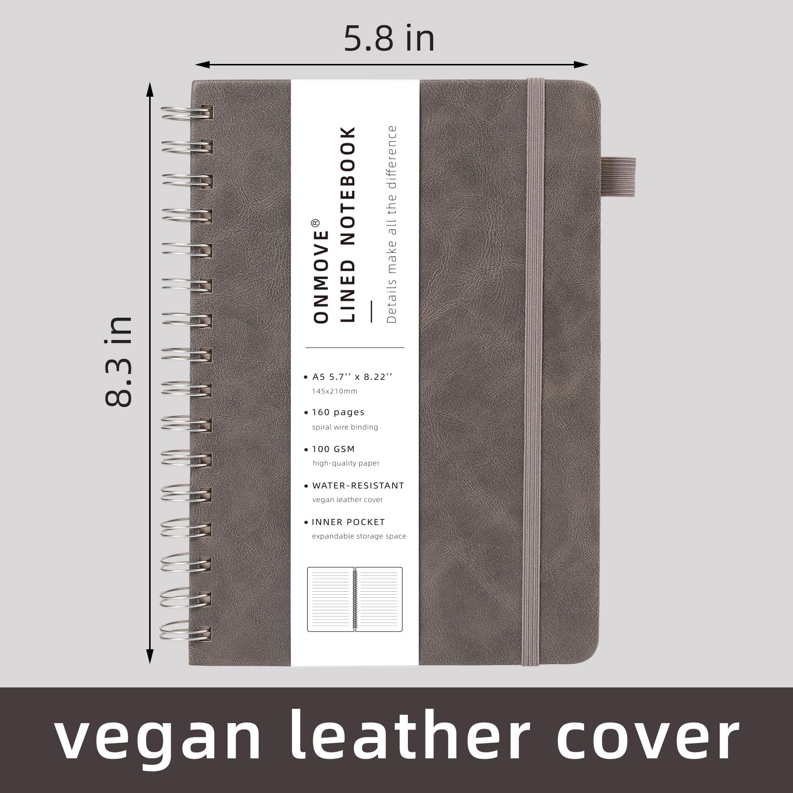 OnMove Spiralbuch, Tagebuch für Damen und Herren, 160 Seiten, A5, College, liniert, Leder, Notizbuch, Tagebücher für Notizen, Arbeit, liniert, Grau