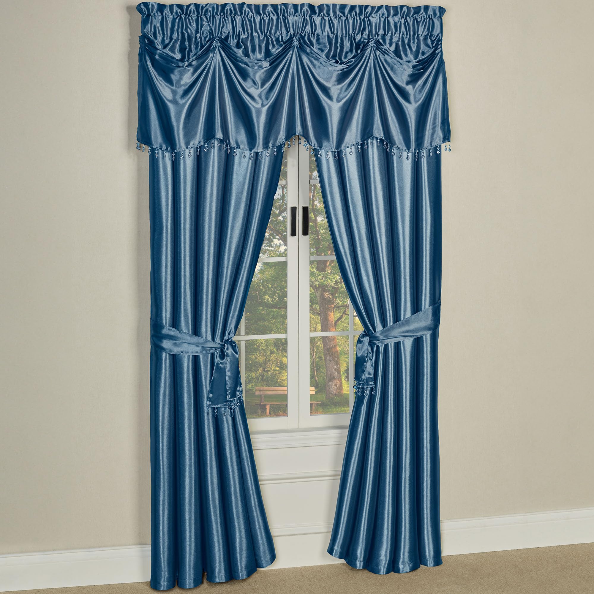 Touch of Class Portia Luxury Window Treatment | Rich Sapphire Blue | Premier Smooth Polyester Satin 2 Piece Window Drapery Set with Tuck Valance and 84 Inch Long Curtain Pair