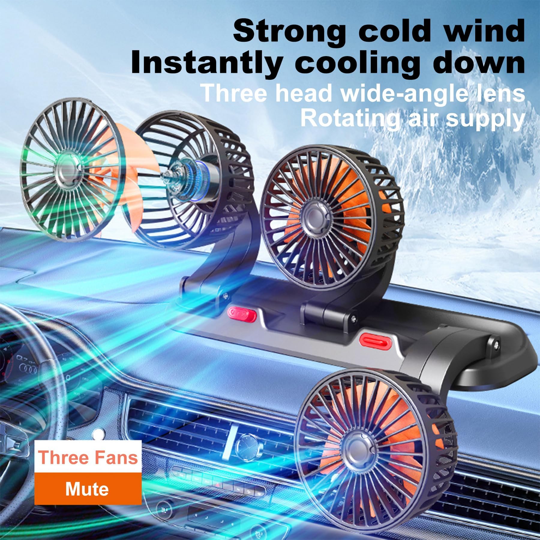 Ventilador De Coche,Giratorio 360 De La Coche,Ventilador Coche Triple Cabezal,Potente 2 Velocidades Mini Ventiladors Mesa