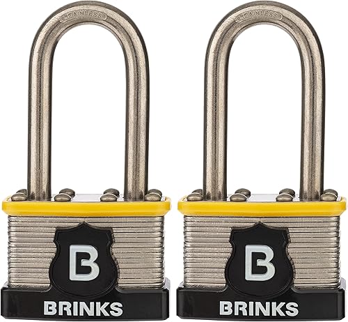 BRINKS - Candado comercial de acero laminado de 1.732 in con llave y grillete de 2 pulgadas, paquete de 2 - Grillete de acero inoxidable endurecido