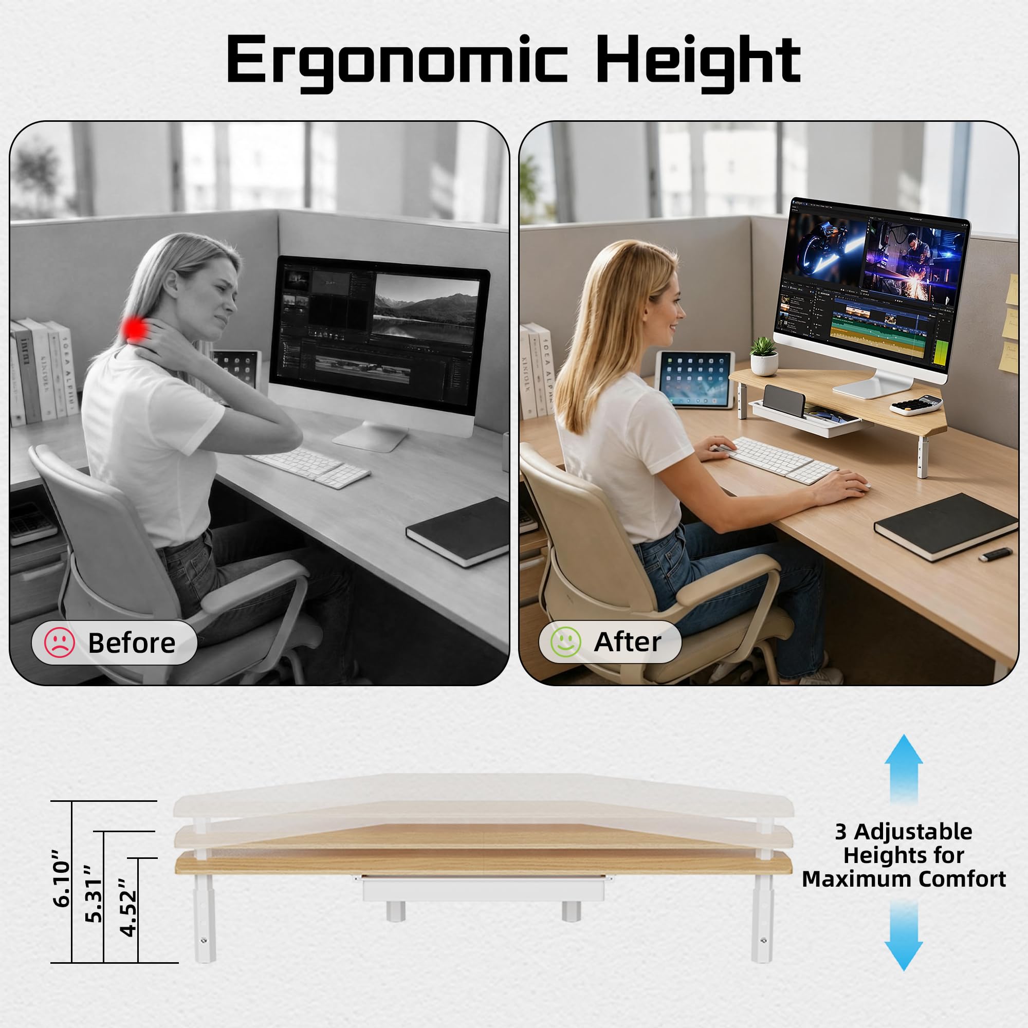 ETHU Supporto triangolare per monitor con cassetto, regolabile in altezza, per PC/laptop, supporto ergonomico per computer desktop, supporta 20 kg, rovere