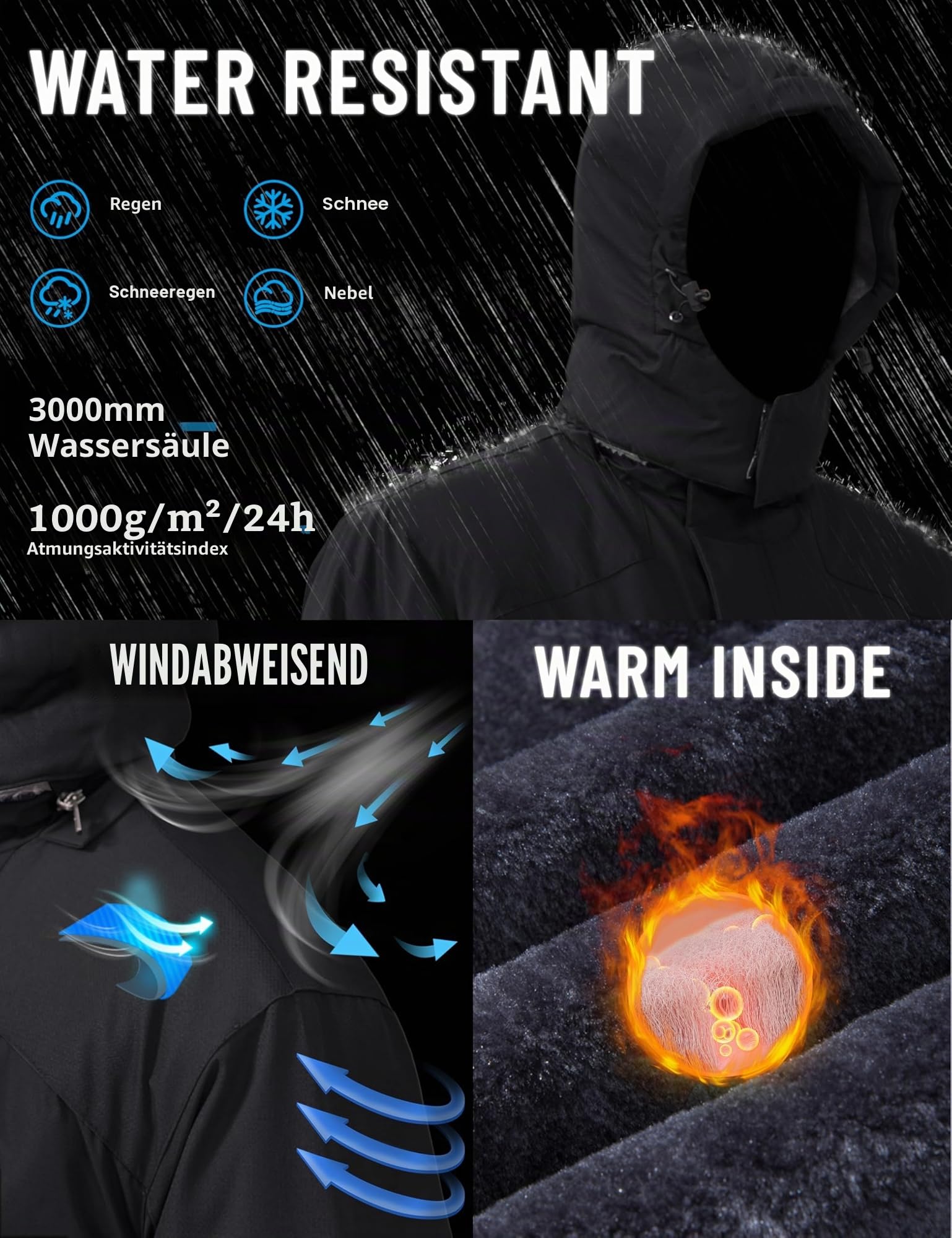 TACVASEN Winterjacke Herren Wasserdicht Warme Skijacke Fleece Gefütterte Softshelljacke Atmungsaktiv mit Abnehmbarer Kapuze