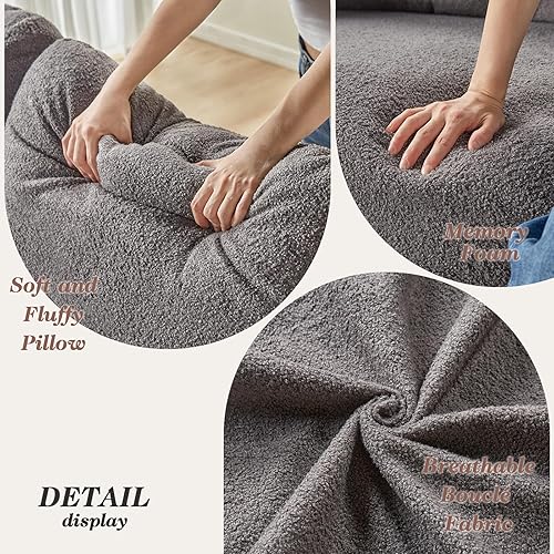 Miniatura 7 de Sofá de asiento profundo, sofá de gran tamaño de 97 pulgadas con bouclé gris, sofá de 3 plazas con reposabrazos cuadrado, sofá moderno para sala de