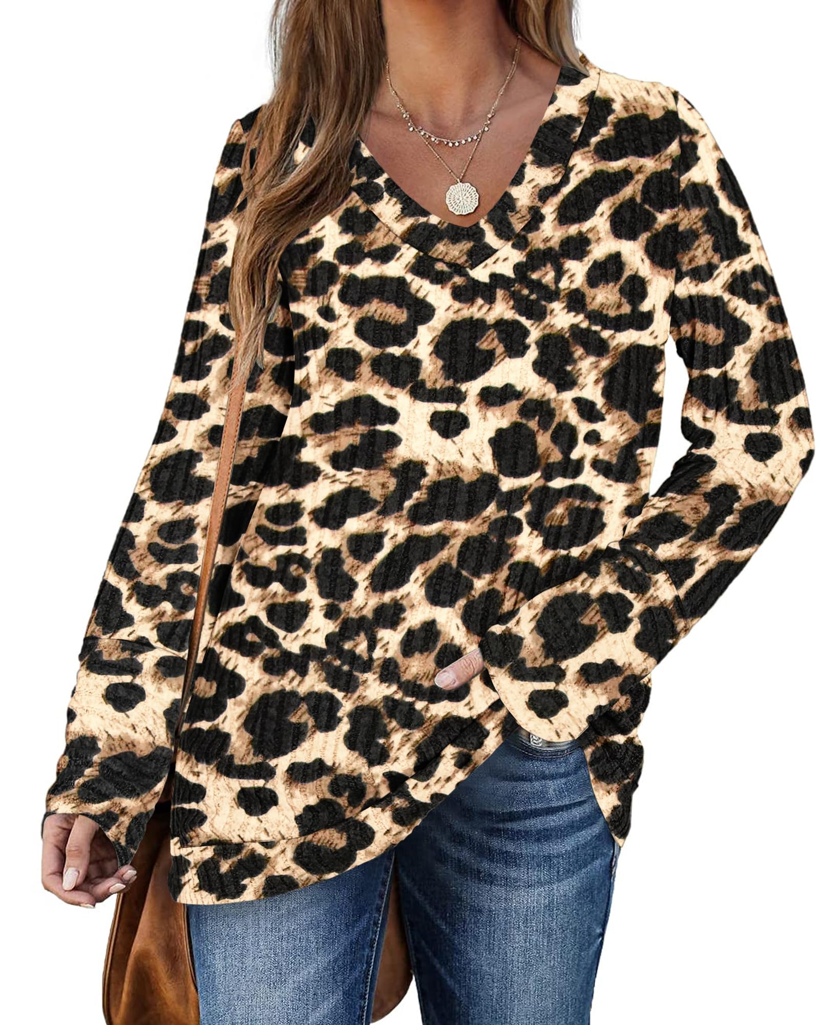 PLOKNRD Sweatshirt Femme Col en V Pulls à Manches Longues Décontractés Top Léger et Lâche Classique