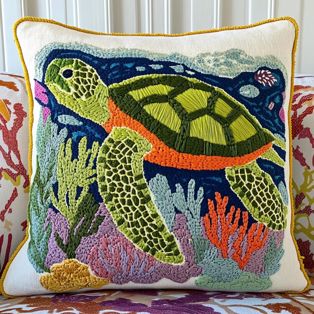 DIY Punch Needle Pillow Kit Green Sea Turtle and Corals with Pattern and Hoop Handmade Embroidery Punch Needle Starter Pillowcase Set for Home Sofa Decor 43x43cm-1-23