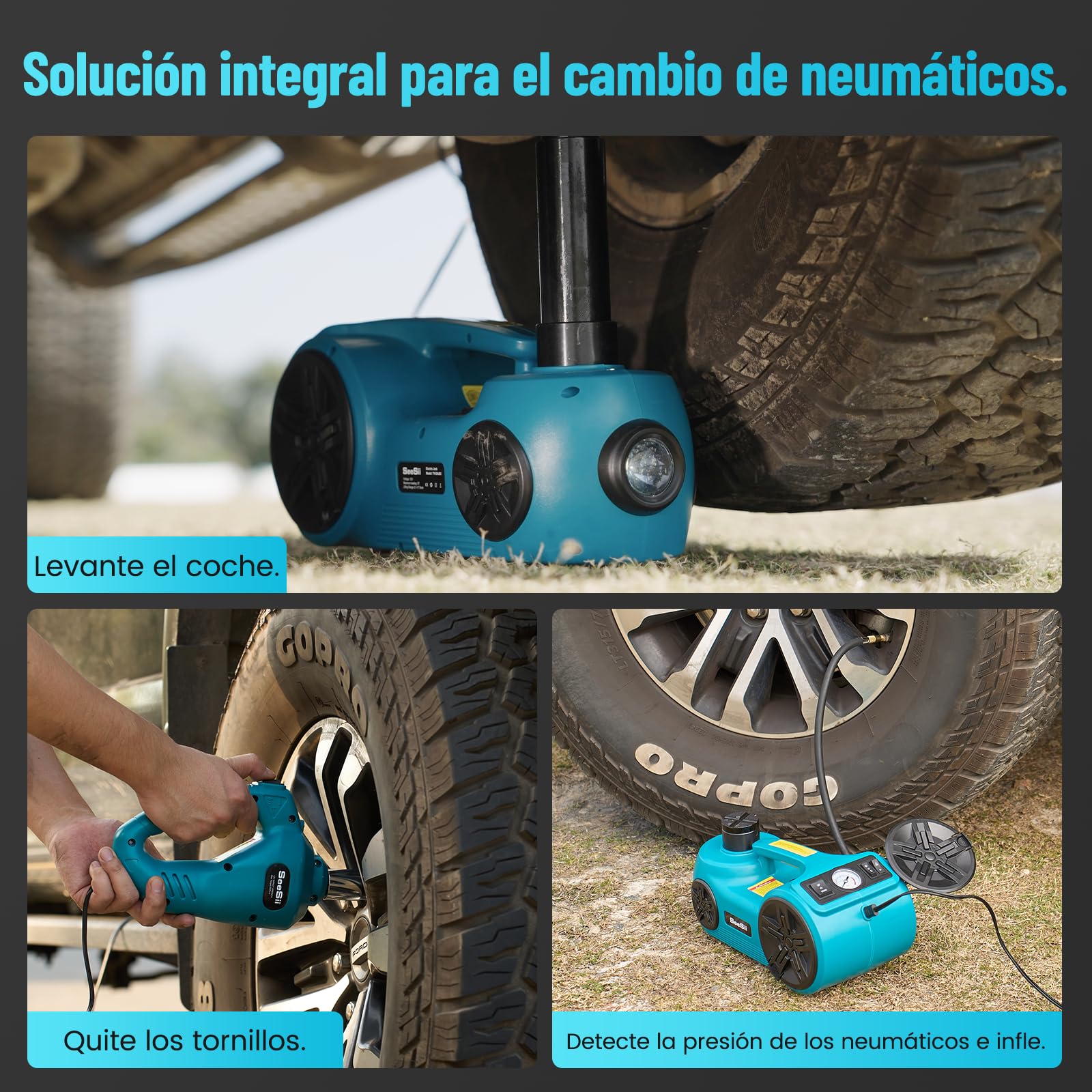 SEESII Kit de Gato Hidráulico Eléctrico para Coche 5 Toneladas (Alcance de Elevación 17.7 Pulgadas) - Gato 3en1 con Llave de Impacto e Inflador - Gato de Suelo para SUV/Camioneta/Camión/Sedán