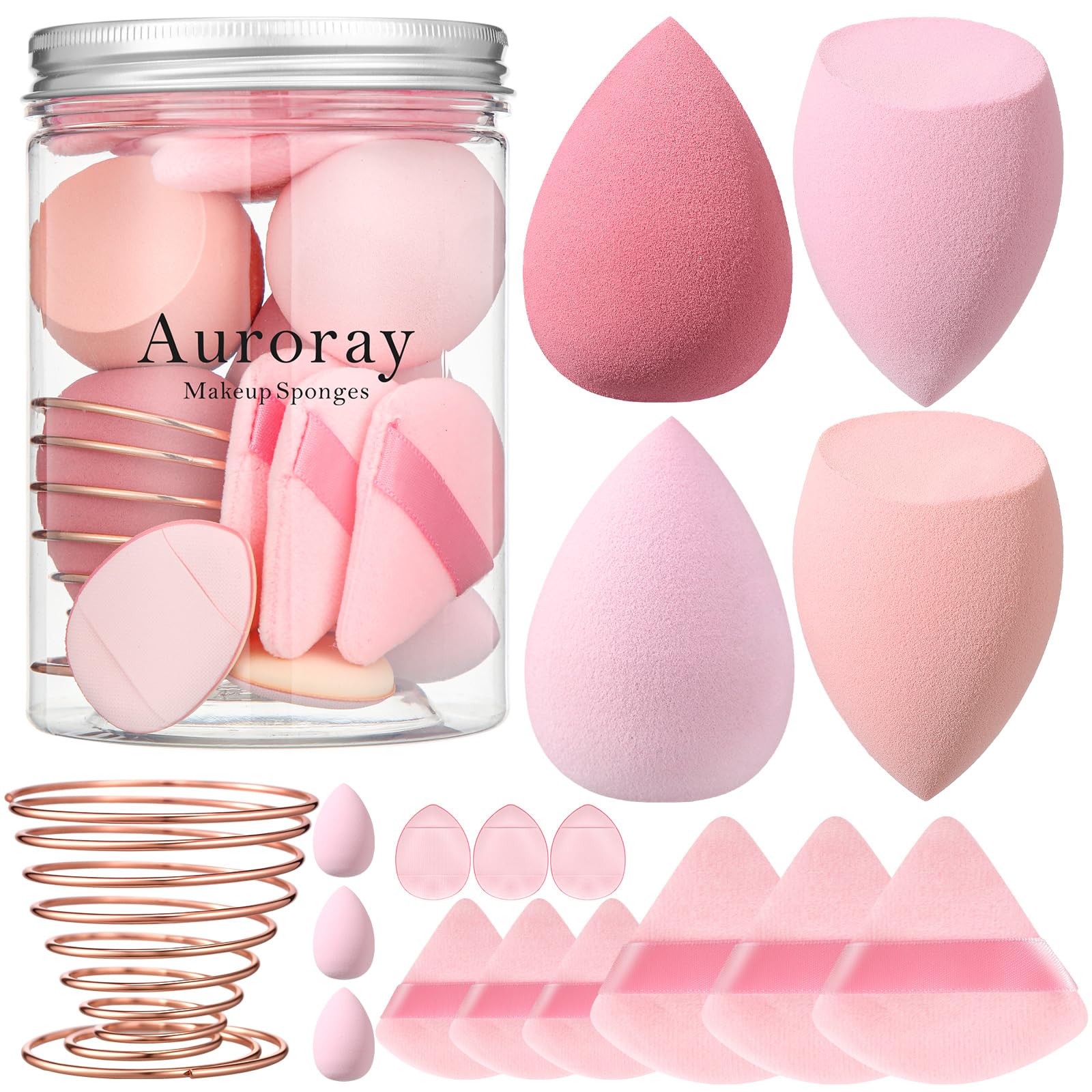 17-teiliges Make-up-Schwamm-Set mit 6 Puderquasten, 3 Mini-Make-up-Schwämmen, 3 Mini-Make-up-Schwämmchen und 1 Make-up-Schwammhalter (Rosa)