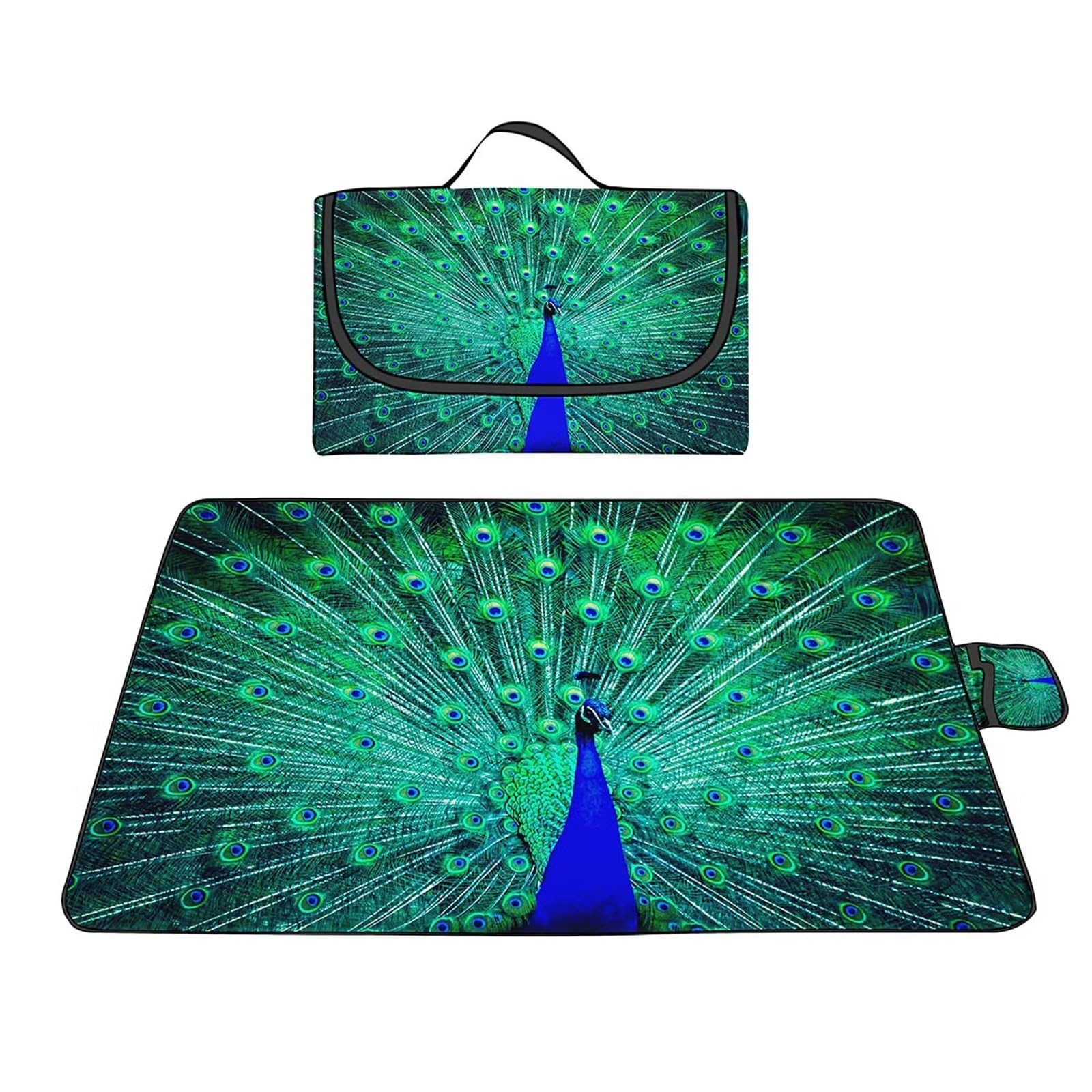 Couverture Pique-Nique 150x150cm,Paon vert Grand Nappe Pique Nique Impermeable Lavable Tapis Picnic avec Poignée,Pliable Picnic Blanket Tapis de Plage Polyvalent pour Barbecue,Pique,Randonnée,Voyages