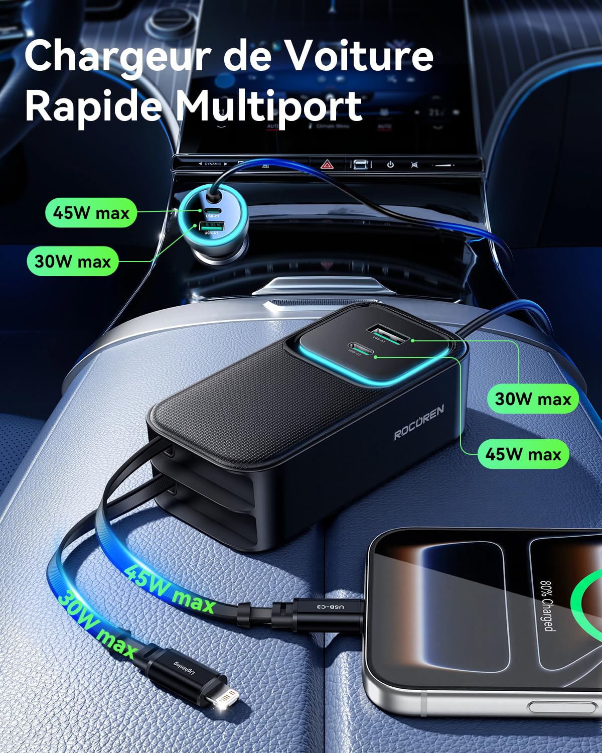 Rocoren Chargeur Voiture 135W Rétractable 6-en-1, Allume-Cigare 12-24V câble 1,5m. Charge Rapide PC Portable, téléphone, Tablette. Accessoire Auto Parfait Voiture, Camping-Car, Caravane & Voyages
