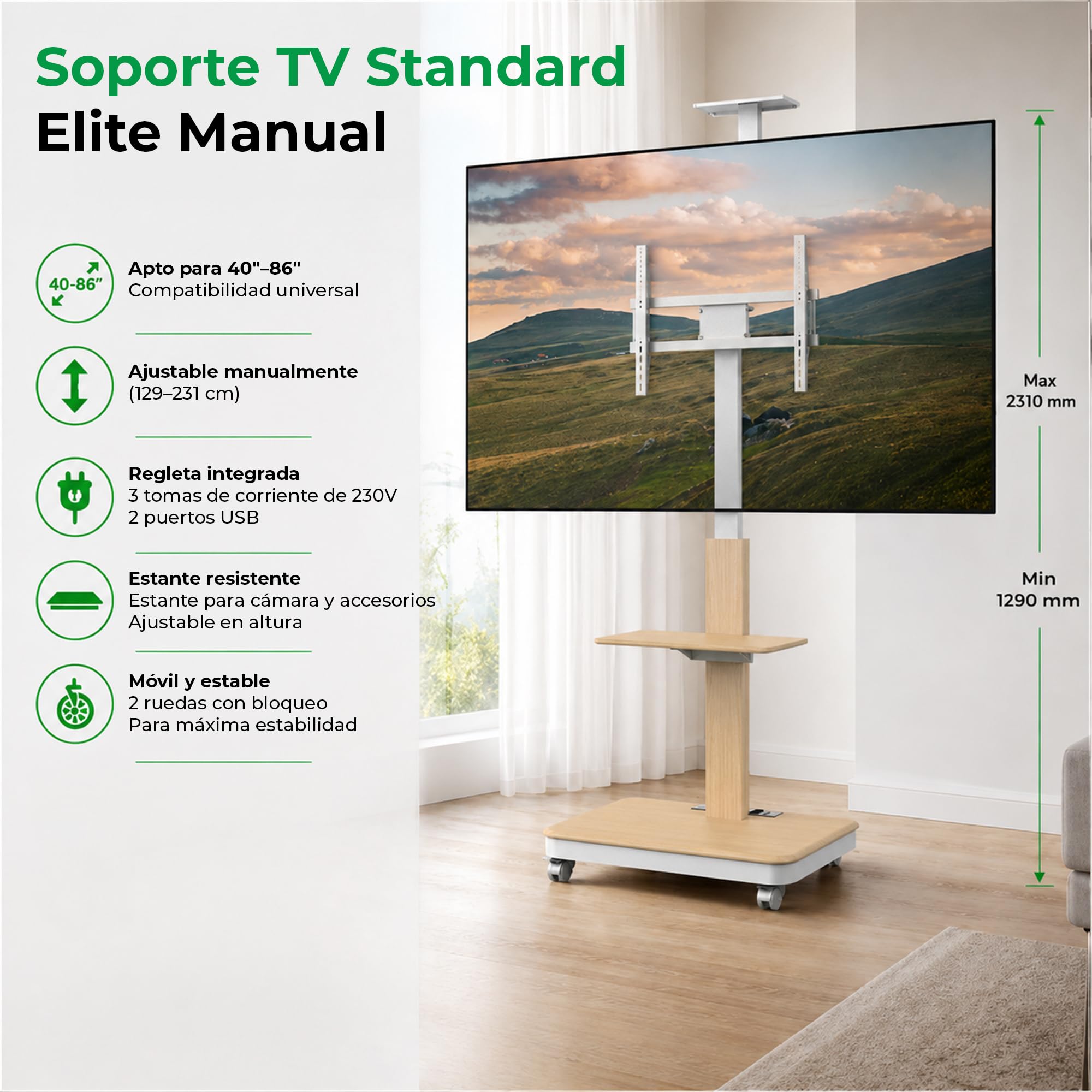 Elite Soporte de TV móvil y Regulable en Altura para 40-86 Pulgadas y máx. 60 kg, Soporte inclinable hasta máx. VESA 600x400, con estantes y Enchufe, Blanco, Manual