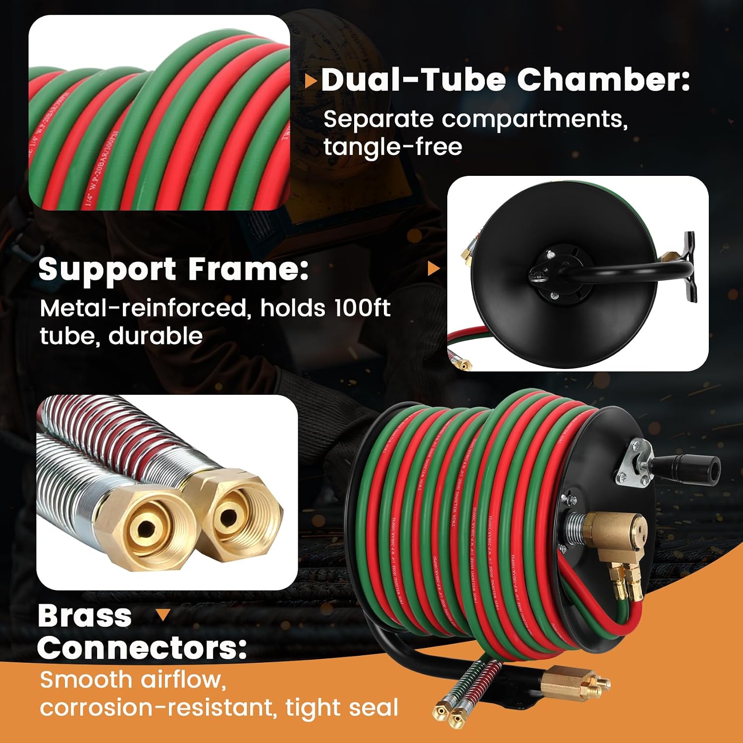 Manual Twin Welding Hose Reel Set, 1/4" ID 100ft Oxygen Acetylene Hose (Max 300 PSI, Grade T), Includes 3ft Lead-in Hose & 9/16"-18 B Fittings, Heavy Duty Steel Mount for Wall/Ceiling/Cart