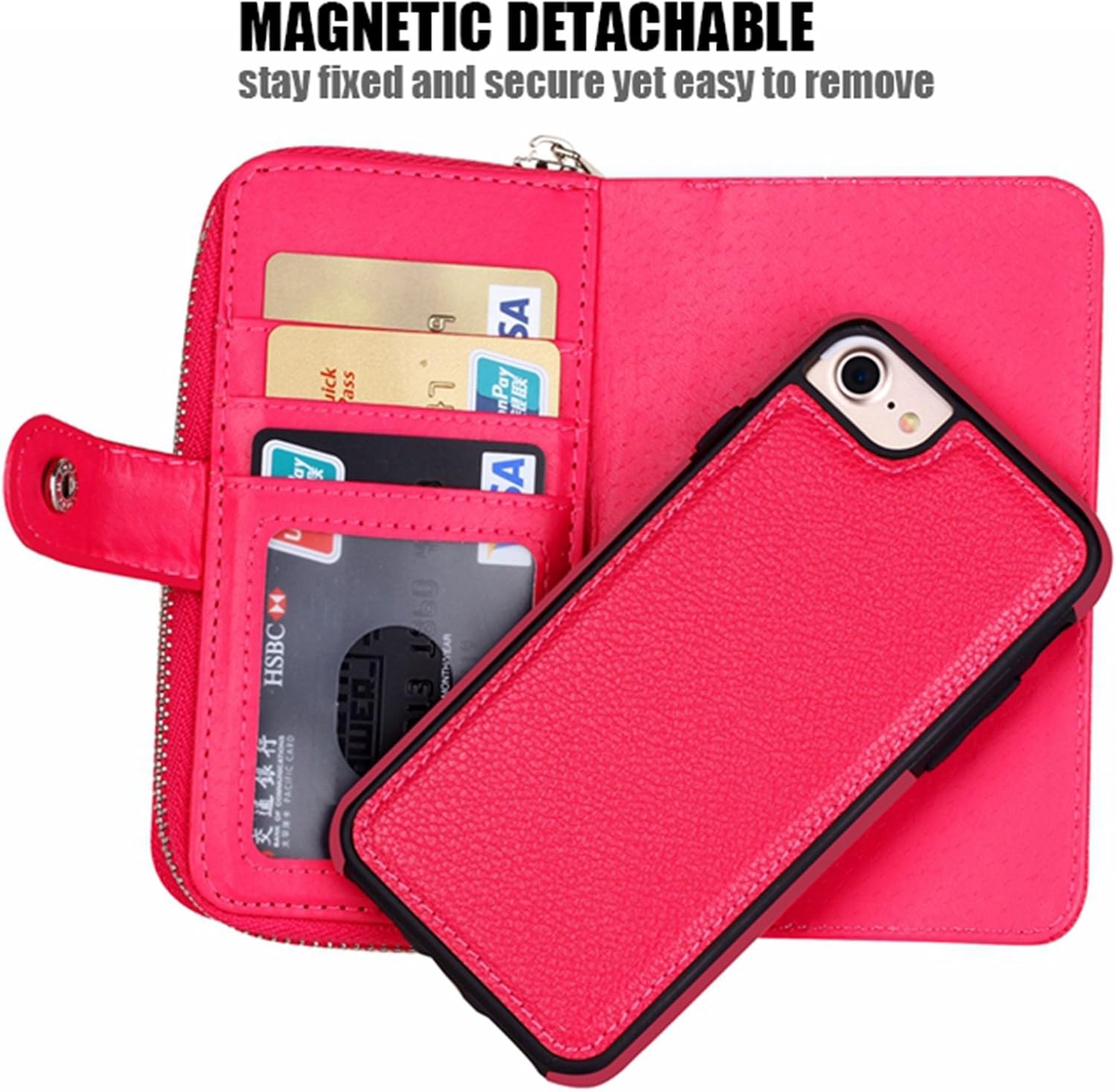 iPhone 5/5S/SE Wallet Case, Hynice iPhone 5/5S/SE Wallet Purse Case Leather Zipper Case with Credit Card Slots and Magnetic Detachable Slim Cover for iPhone 5/5S/SE (Litchi-Rose)