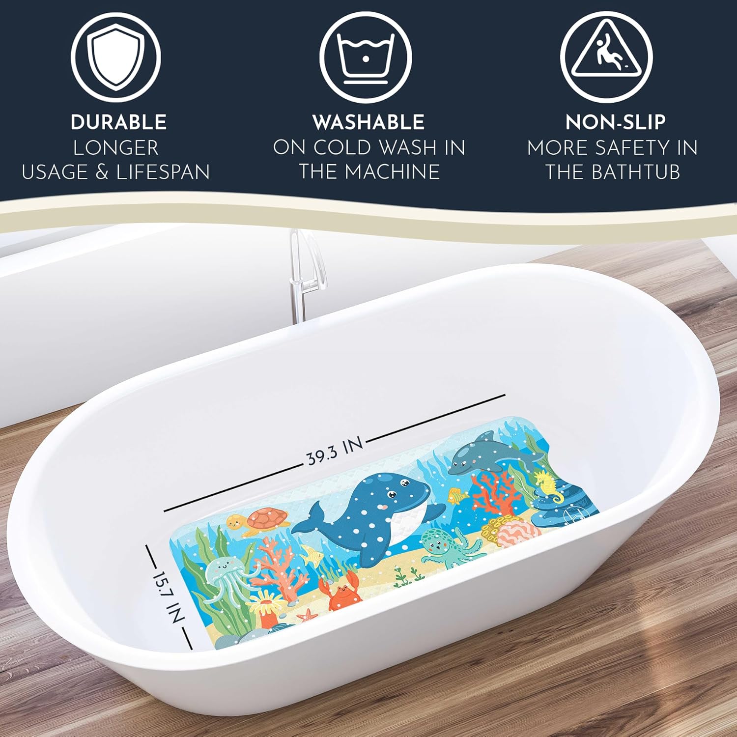 Homerella 21x21 Non Slip Shower Mat and 40x16 Anti Slip Bathtub Mat for Kids - 2 Hooks Included, Machine Washable