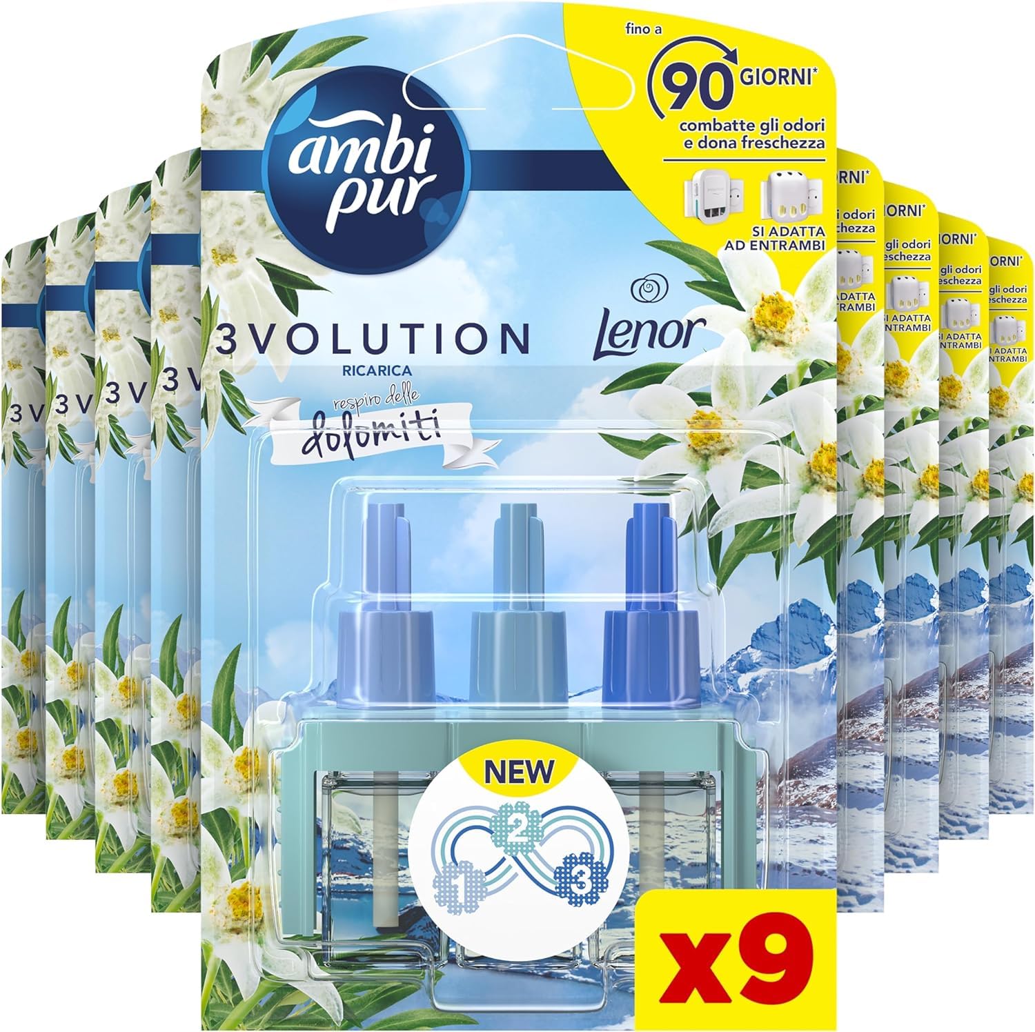 Ambi Pur 3Volution Profumatore per Ambienti, 9 Ricariche per Diffurore Elettrico, Fragranza Dolomiti, tecnologia Elimina Odori, Fino a 90 Giorni di Profumo per Ricarica
