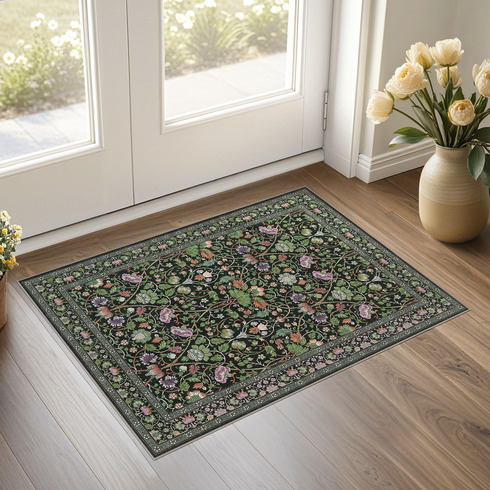 UERMEI 2x3 Area Rug Living Room Rugs - Washable Boho Vintage Floral Large Soft Non Slip Thin Rug Low Pile Carpet for Bedroom Dining Room Kids Playroom Office Decor Indoor- Green Dark