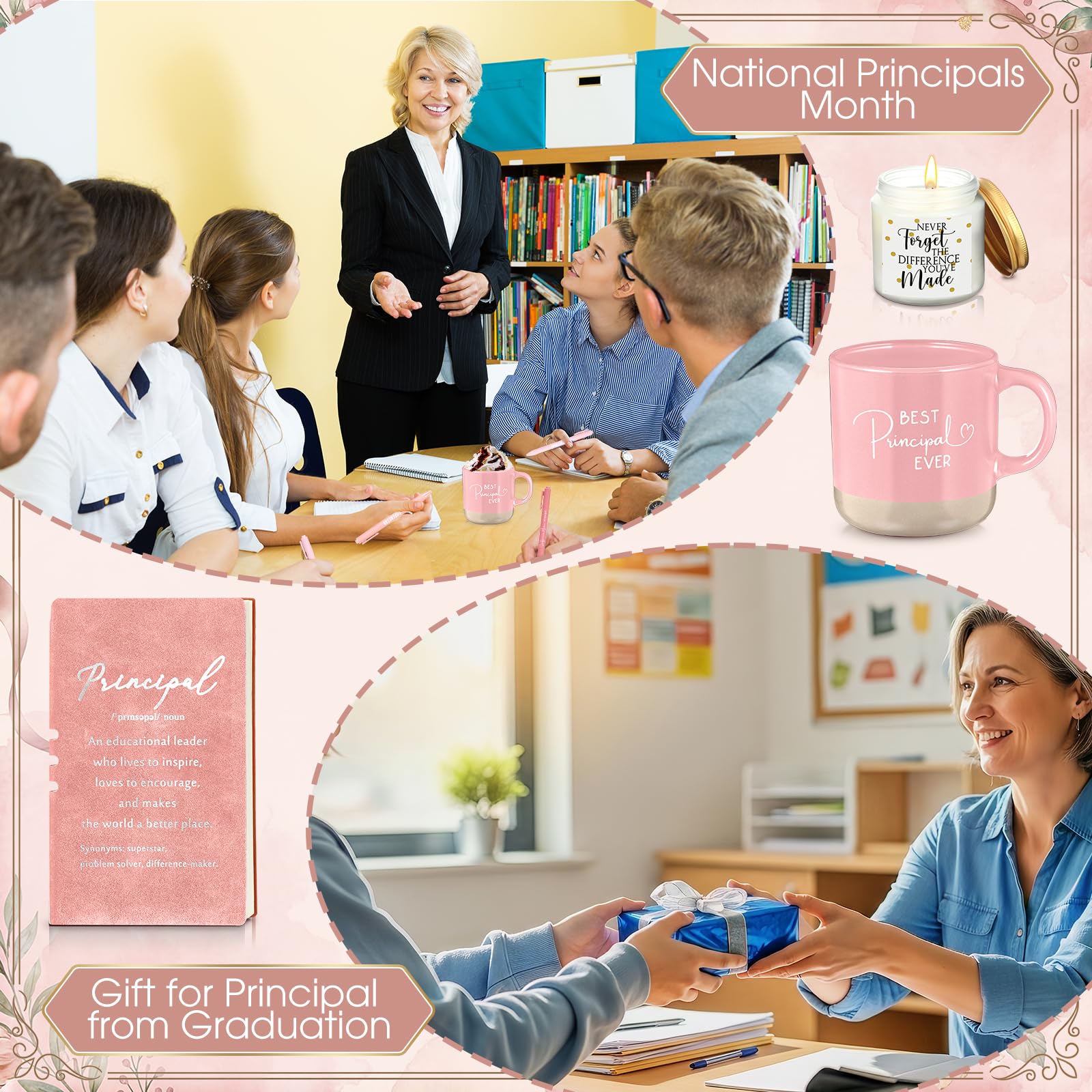 Didaey Principal Appreciation Gifts for Women Thank You School Principal 13oz Ceramic Cup Journal with Inspirational Candle Ballpoint Pens Appreciation Day Graduation, Pink