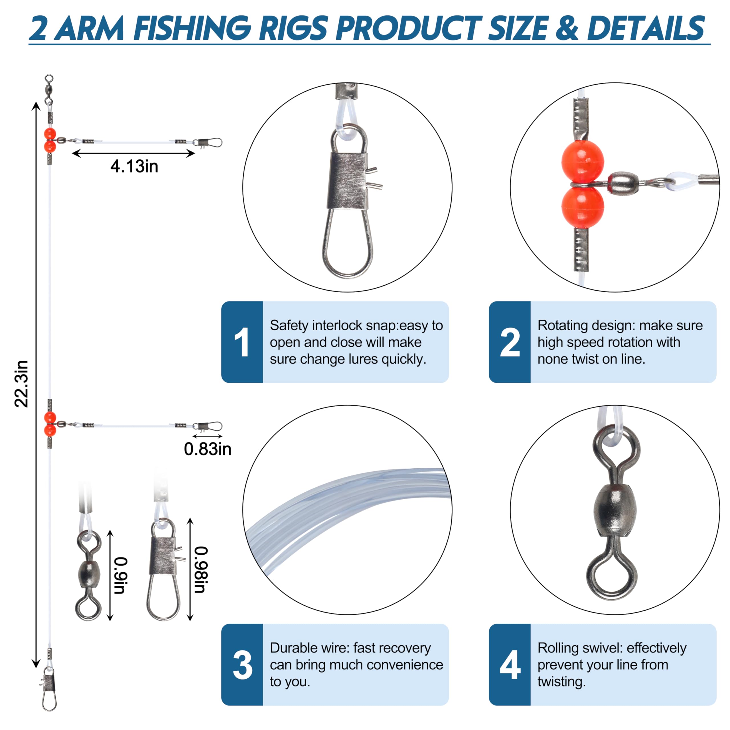 Fishing Leader Rigs Saltwater Tackle Rigs with Swivels Snaps, High Strength Wire Leaders Rigging Surf Fishing Gear Equipment for Lures Bait Hooks Catfish Walleye, Blue, 2arm, 12pcs