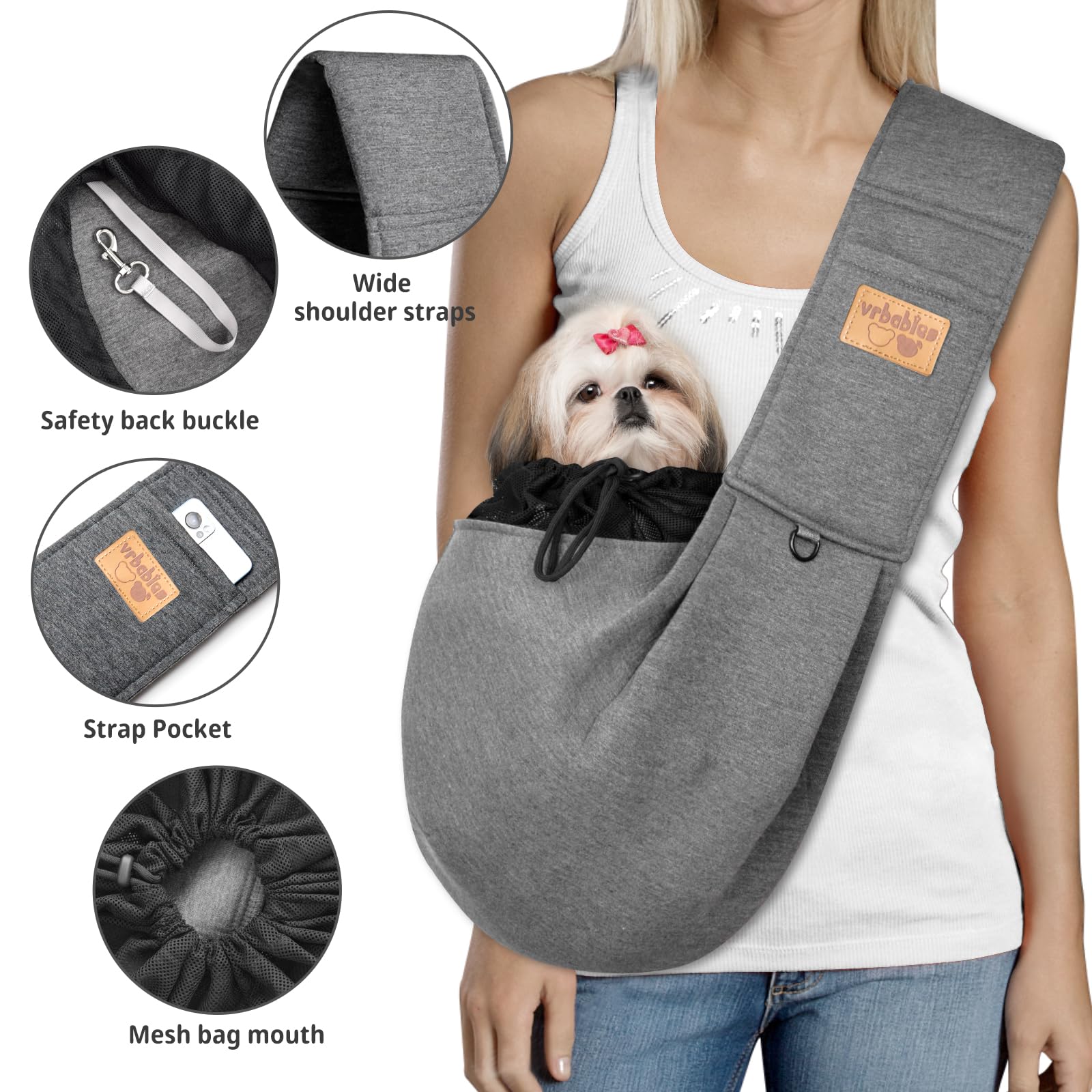 vrbabies Dog Carrier for Small Dogs Puppy Sling Carrier with Adjustable Strap Soft Cotton Dog Carrier Bag Dog Sling Carriers with Pocket for Travel Outdoor (Dark Grey) - Image 4
