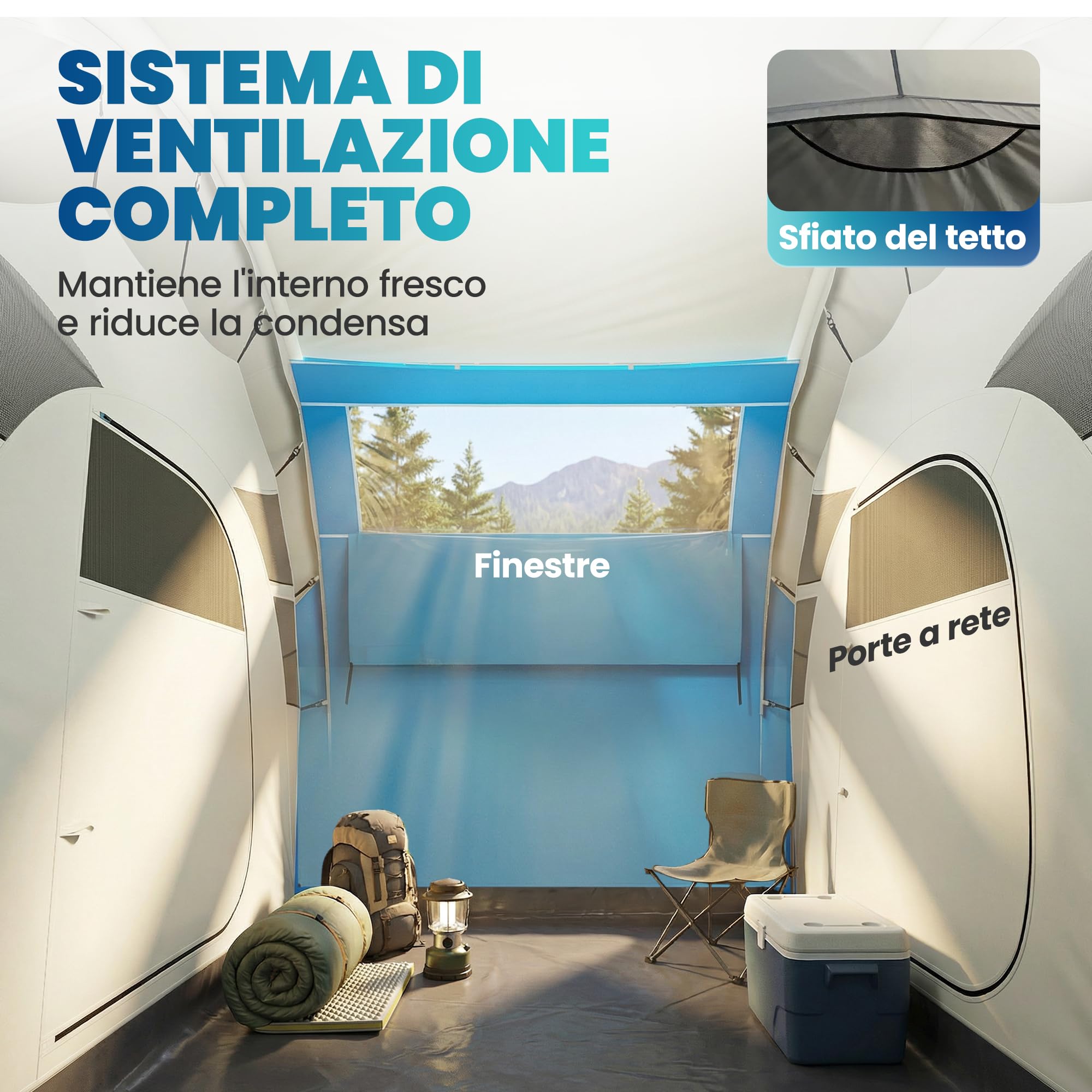 Outsunny Aufblasbares Campingzelt mit Luftpumpe, Campingzelt für 4 Personen, wasserdicht 3000 mm, mit 2 Schlafzimmern, Fenstern, Türen und Tragetasche, schnelle Montage, Blau