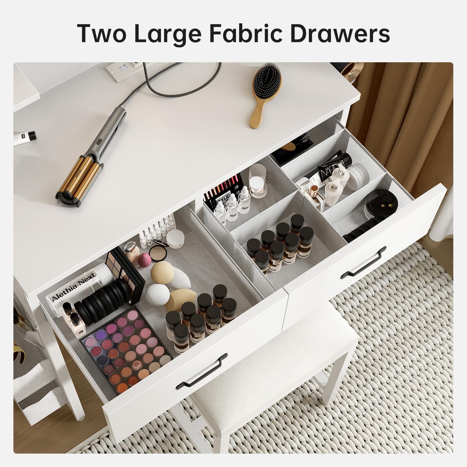 MXV Small Vanity Desk, Makeup Desk with LED Lighted Mirror, 3 Lighting Modes, Vanity Table with Stool and Organizer Fabric Drawers, Mini Vanity for Bedroom, White