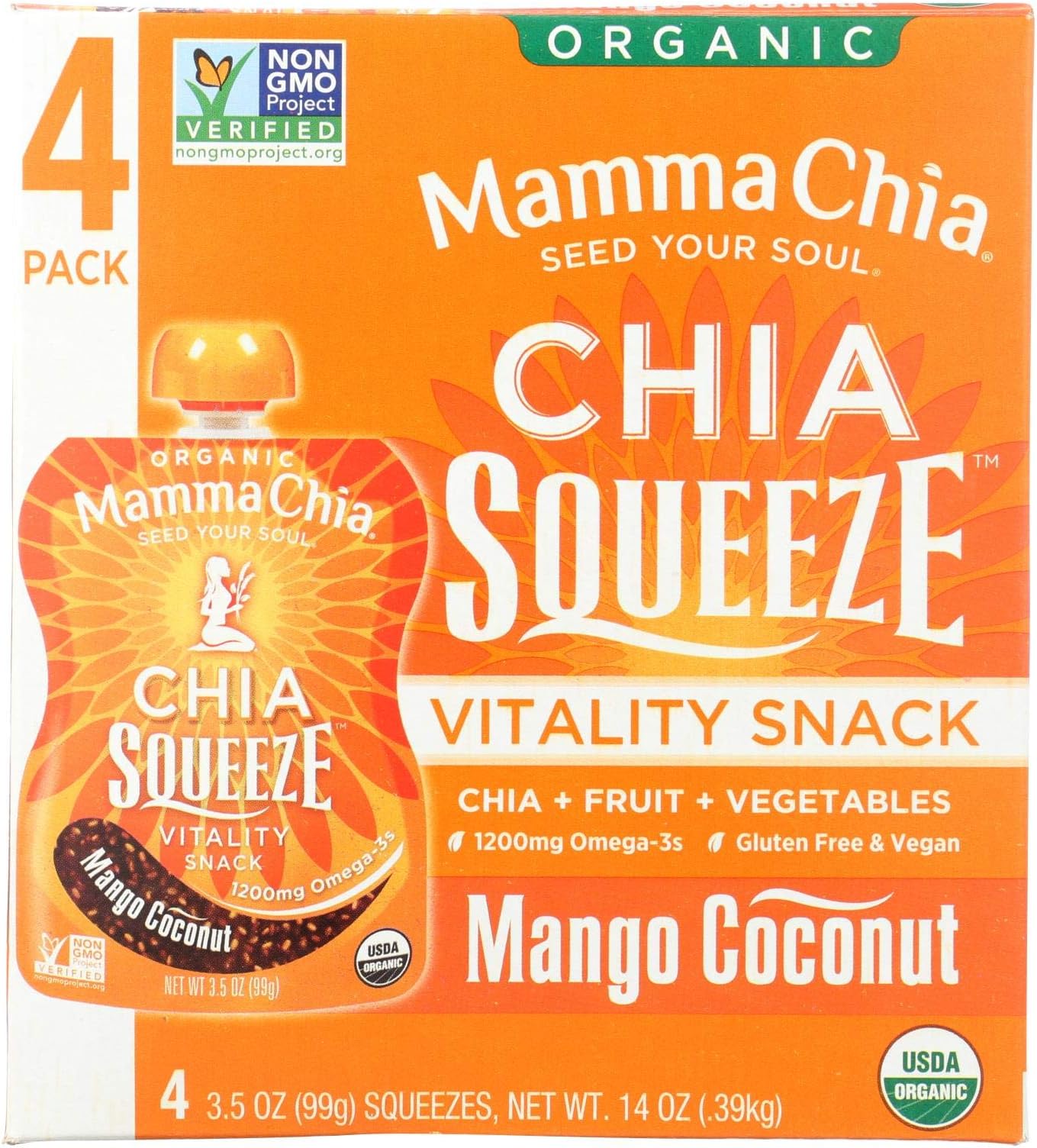 Chia Squeeze Vitality Snack Mango Coconut 4 Pouches 3.50 Ounces (Case of 6)