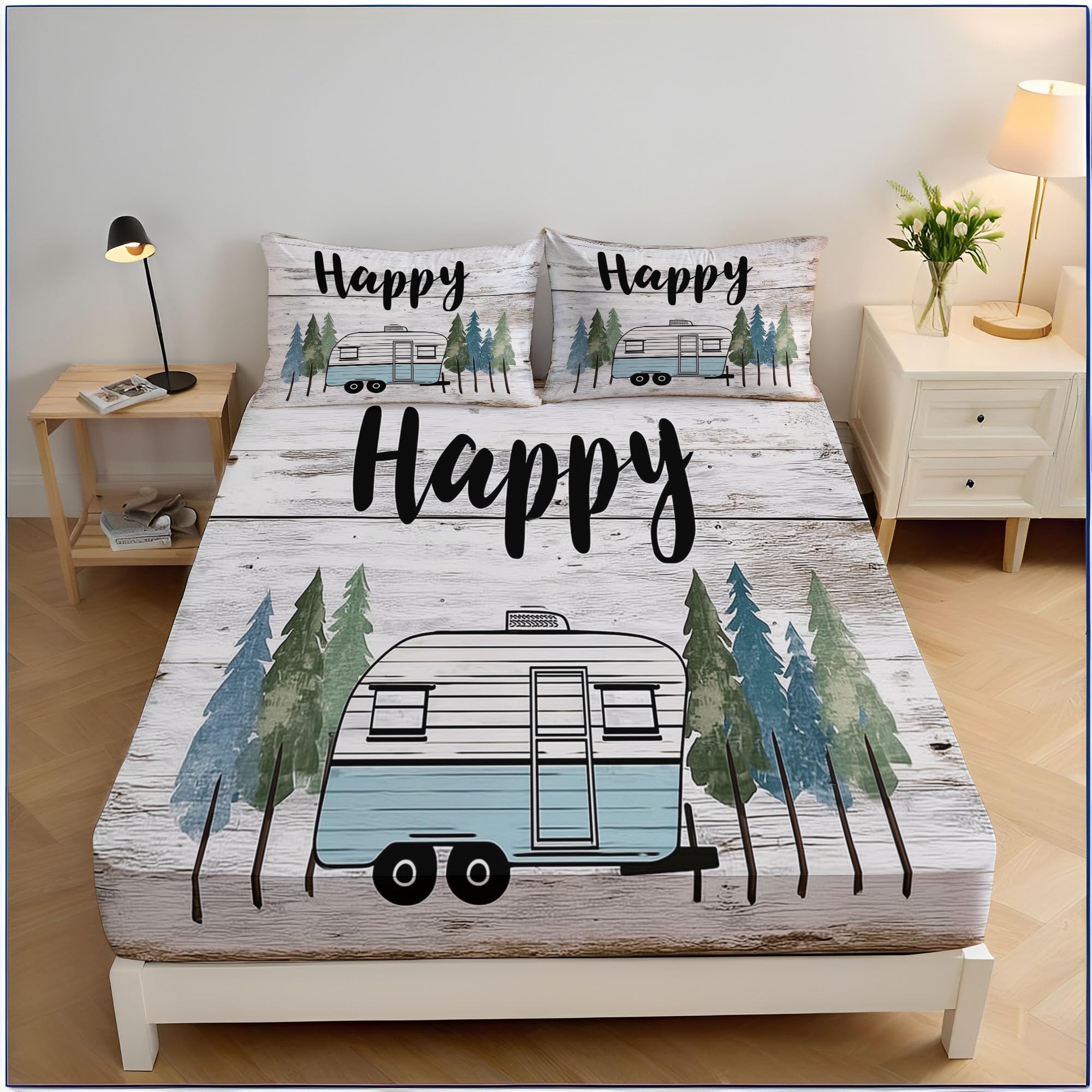 Bajera Ajustable Cama 200, Microfibra Poliéster Suave, Árboles para Caravanas Sábana Encimera Estampada Vintage, Bajera para Colchón 30cm, Fundas Almohada 50x75cm, Blanquecino
