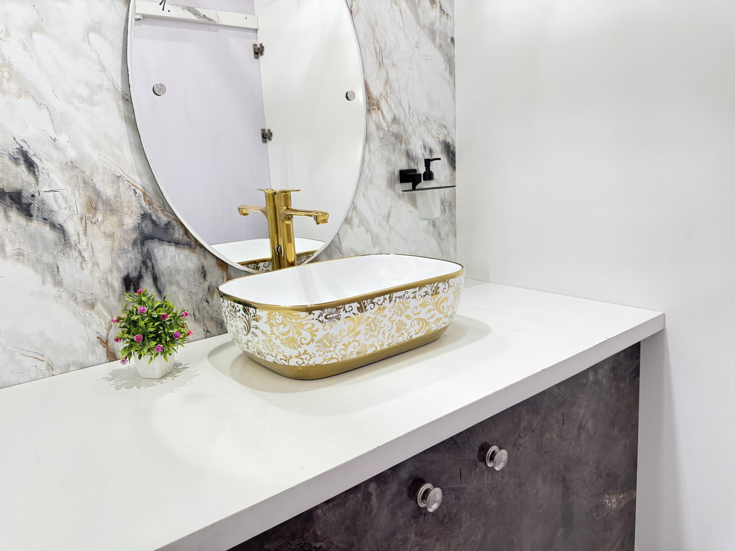 Aetris Designer Glossy Table Top Wash Basin For Bathroom | Ceramic Bathroom Sink | Ovel Countertop Wash Basin For Livingroom Decor (18x13x5 Inch)(White And Golden)-image-42