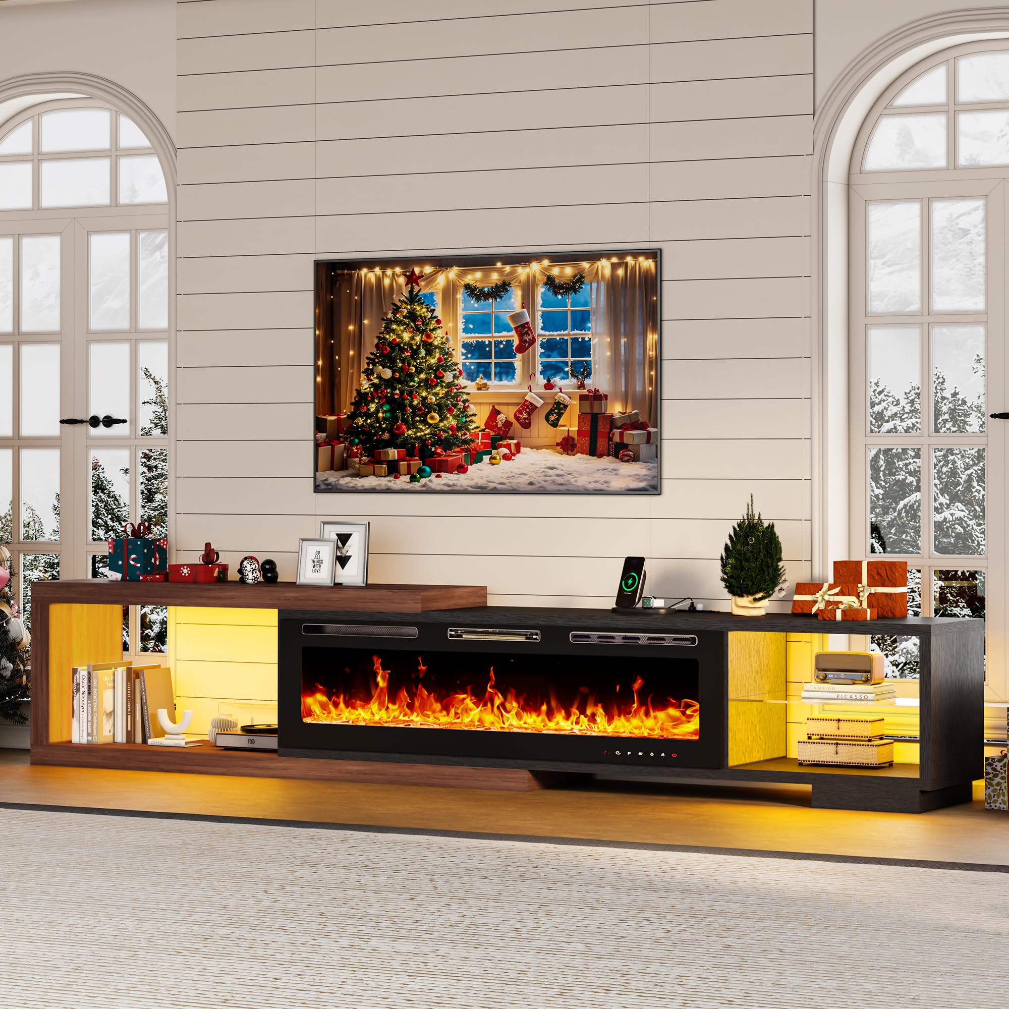 Electric fireplace extendable TV stand in black and walnut