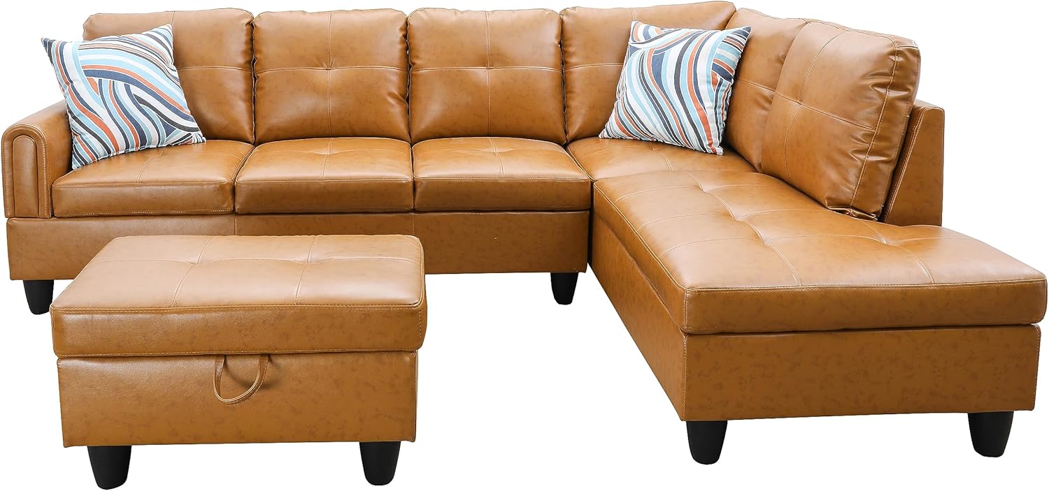 NicBex Couches for Living Room L Shaped Couch Upholstered Futon Sofa Comfy Faux Leather Modular Sofa 3-Piece Sofa Set with Storage Ottoman for Apartments, Living Room and Office, Ginger