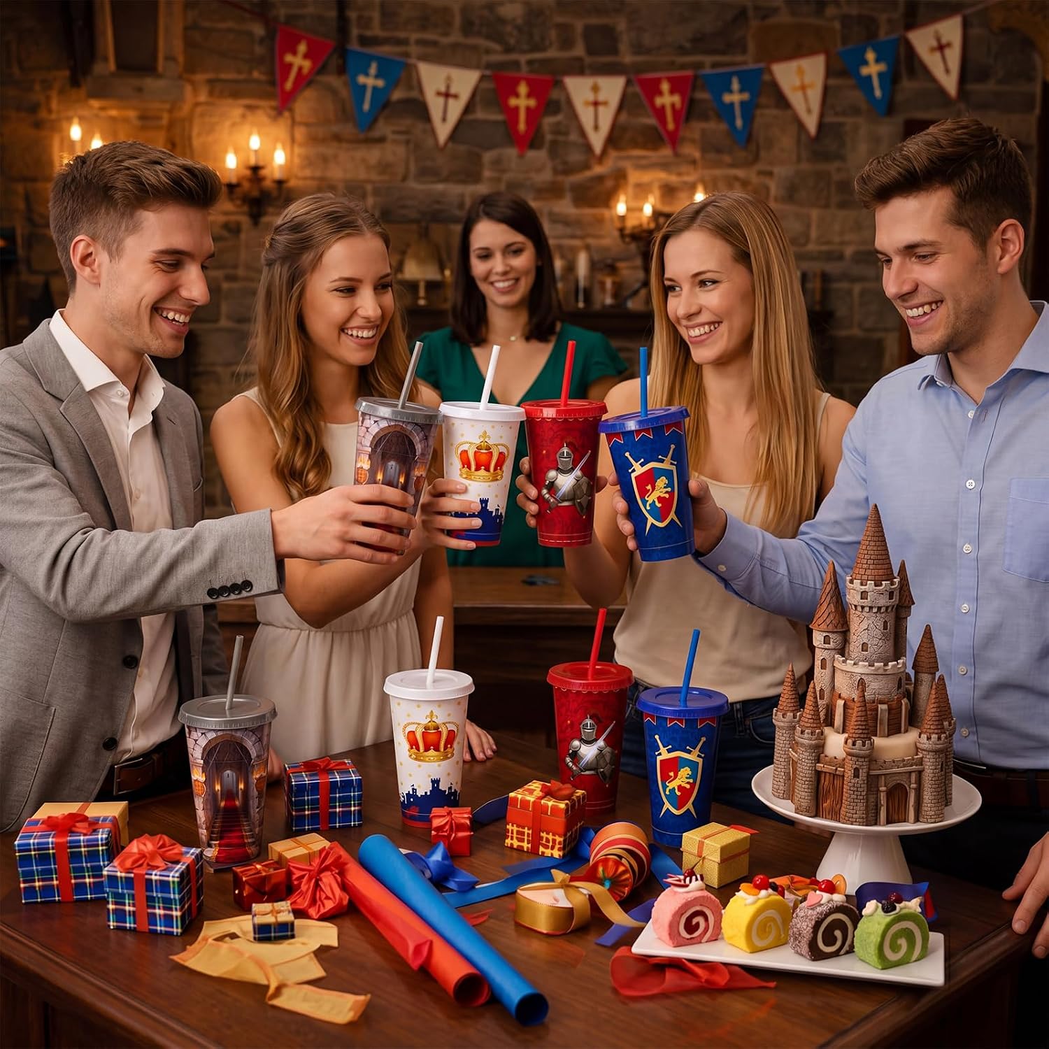 Patelai 12 Pcs Medieval Plastic Tumbler with Lids and Straws Medieval Reusable Cups Knight Castle Party Favor for Birthday Party Supplies