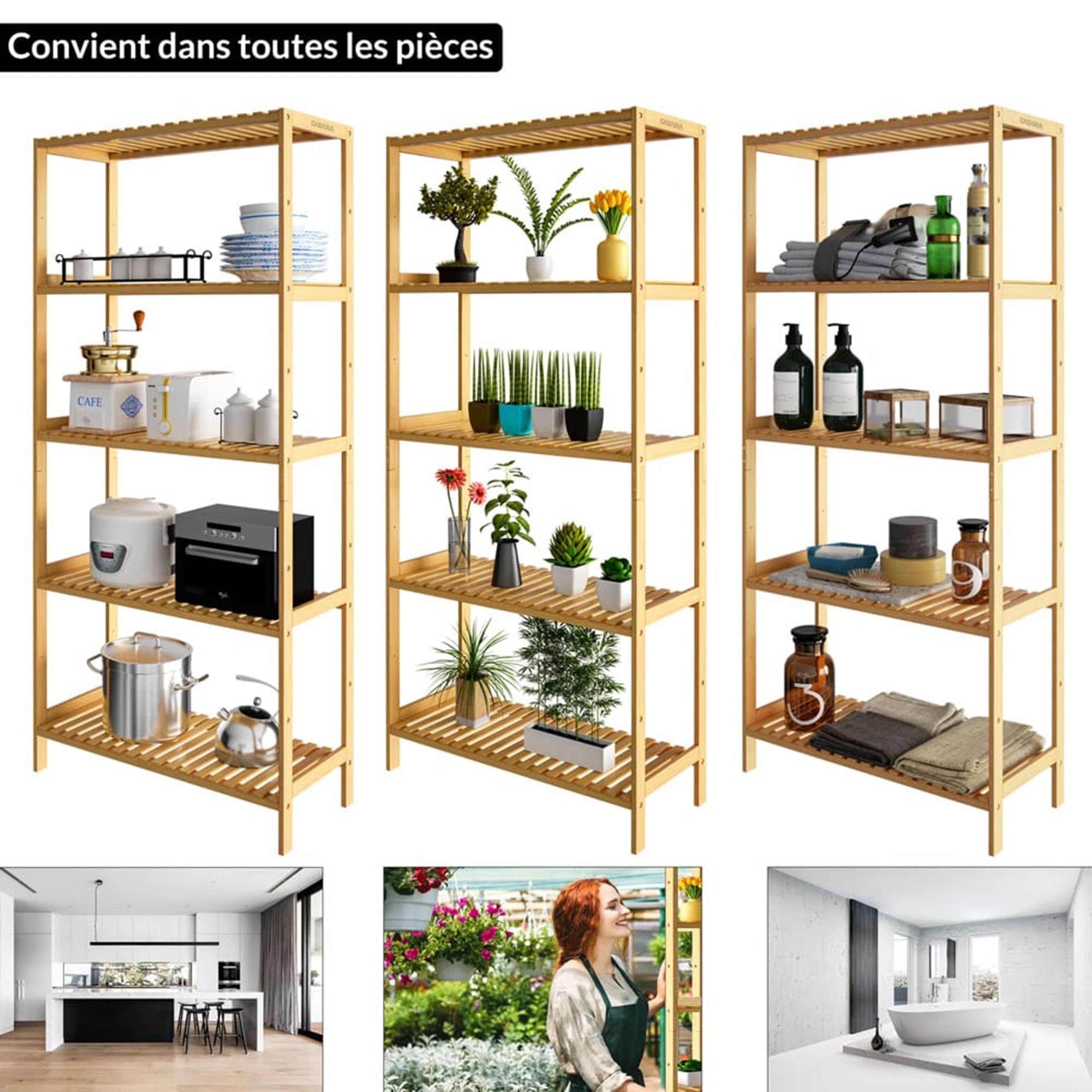 Casaria Étagère de Rangement en Bambou 130x60x26 cm 5 Niveaux réglables en Hauteur Charge Max. 50 kg