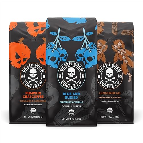 DEATH WISH COFFEE - Paquete variado de sabores - Café molido saborizado - Extra Kick of Cafeína - Calabaza Chai Gingerdead y azul y enterrado