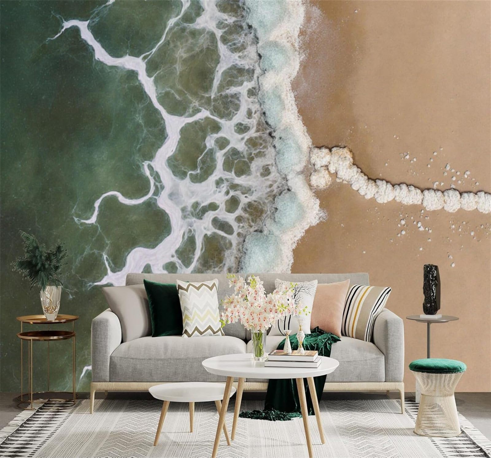 XLMING Waves Beach Aerial View Foam Patterns 3D Wallpaper Silky Texture Home Study Office Grey Dining Room Sofa Bedroom Living Room TV Backdrop-150cm×105cm