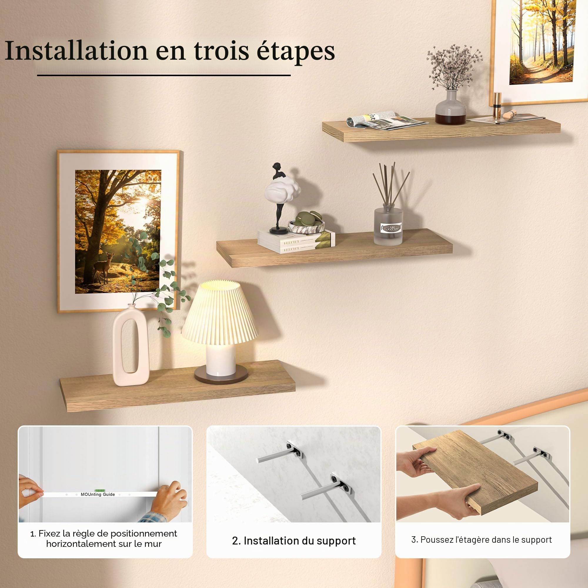 wyewye Etagere Murale Bois, Lot de 3 Étagère Murale 40 cm avec Supports Invisibles pour Chambre à Coucher, Cuisine, Salon, Bureau