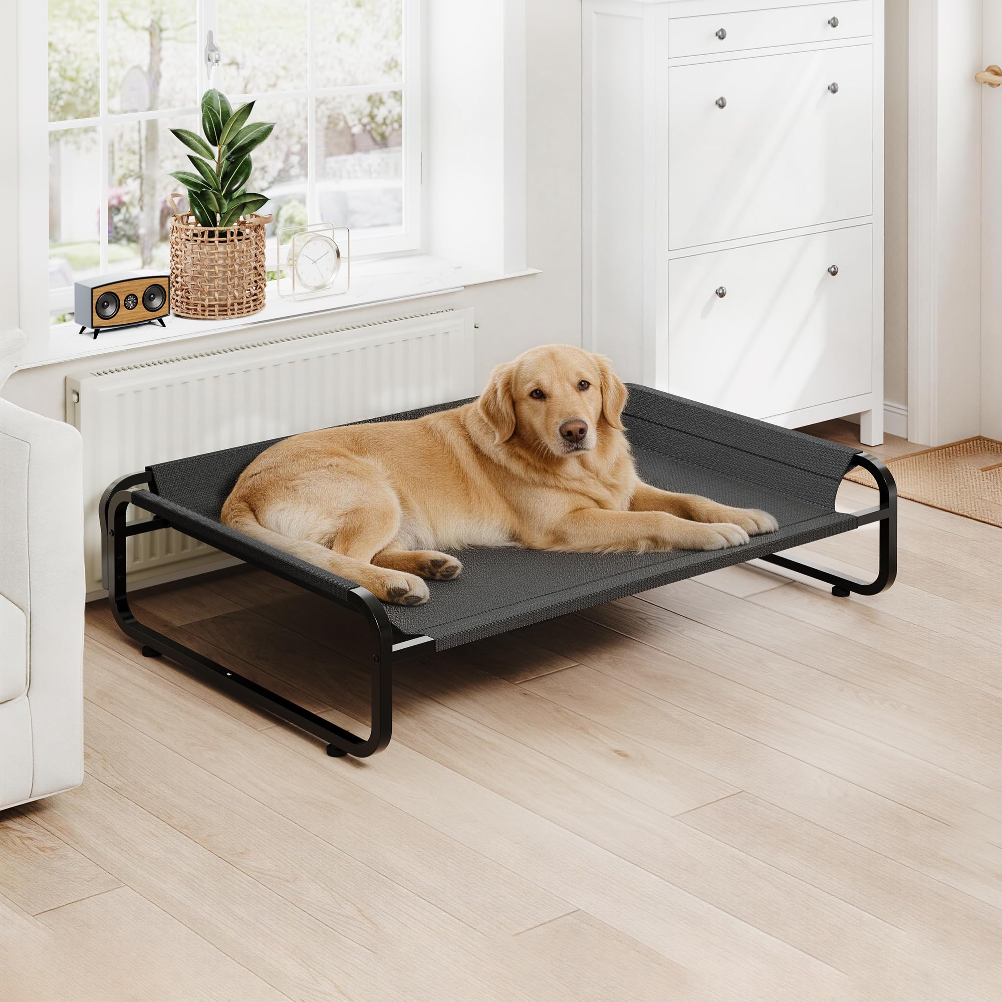 FOUBAM Raised Dog Bed for Large Size Dogs, Indoor & Outdoor Cooling Elevated Dog Bed Waterproof, Summer Durable Pet Dog Cat Cot Bed,Large Dog Cot Metal Frame with Breathable Mesh, 125m,Black