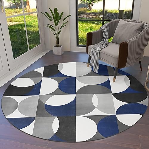 Alfombra redonda de 6 pies, moderna alfombra geométrica azul y gris, súper suave, alfombra antideslizante para interiores y exteriores, sala de