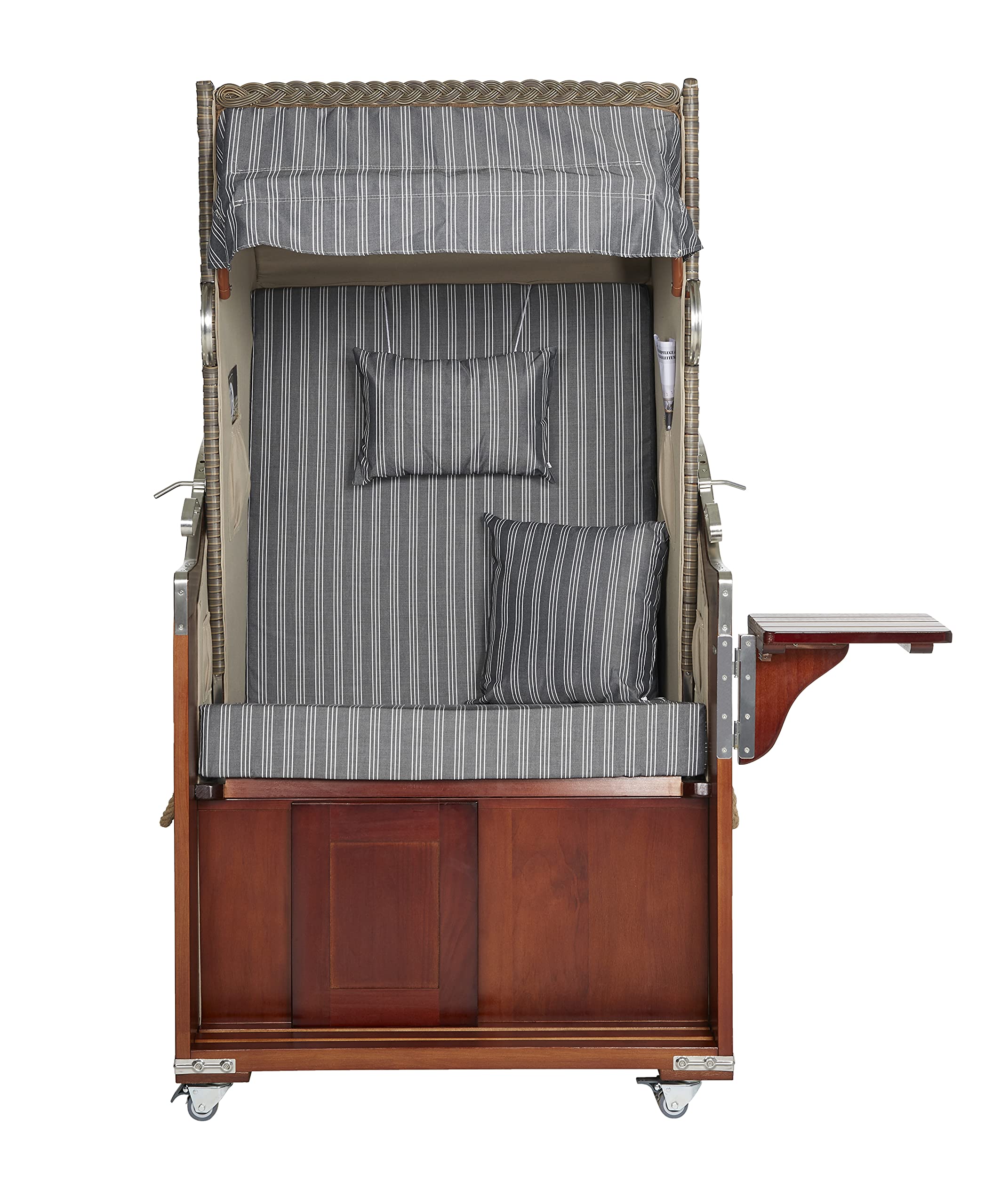 intergrill Strandschönheiten AVA Deluxe Strandkorb Ostsee Single Vollholzfront Korb außen beige Pinienholz innen grau gestreift Balkone Terrassen Garten Lounge