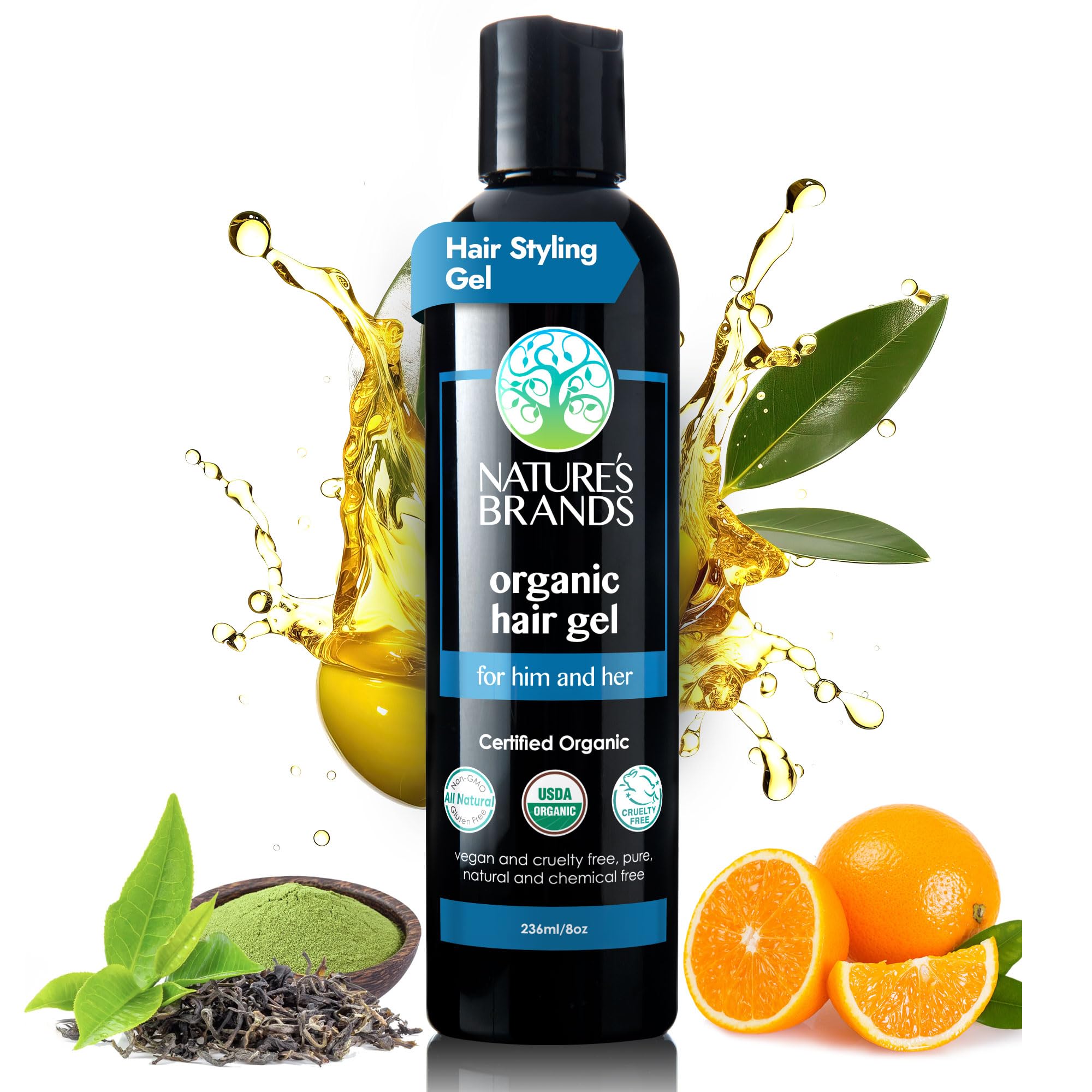 Nature's Brands Organic Hair Gel for Men and Women - Natural Eco Hair Styling Gel with Olive Oil – Vegan, Plant-Based, Non-GMO (8 oz)