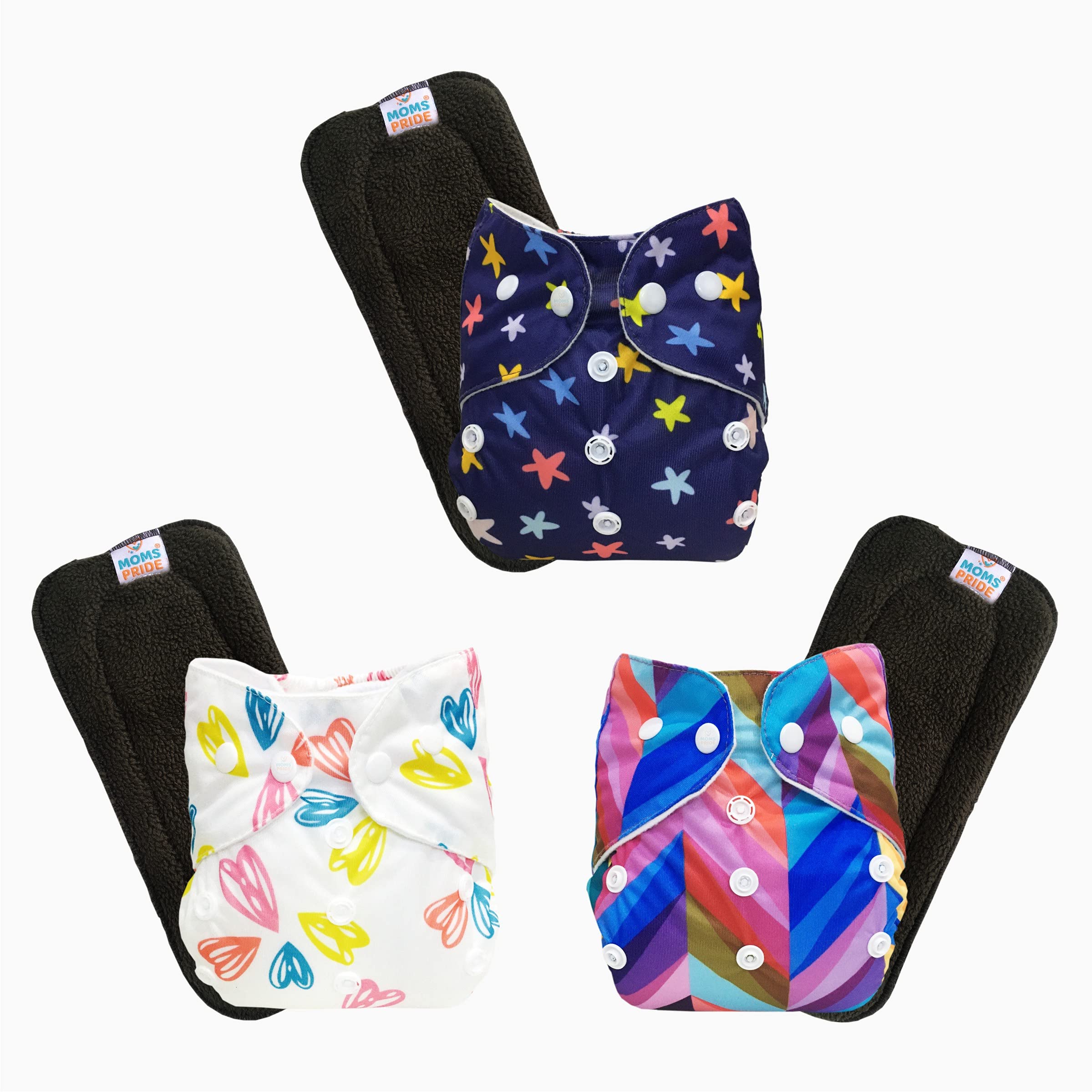 Mom's PrideFreesize Adjustable, Washable and Reusable pocket cloth diapers (with Black Inserts) (Whiteheart, Bluestar, Rainbow Zigzag) (Pack of 3)