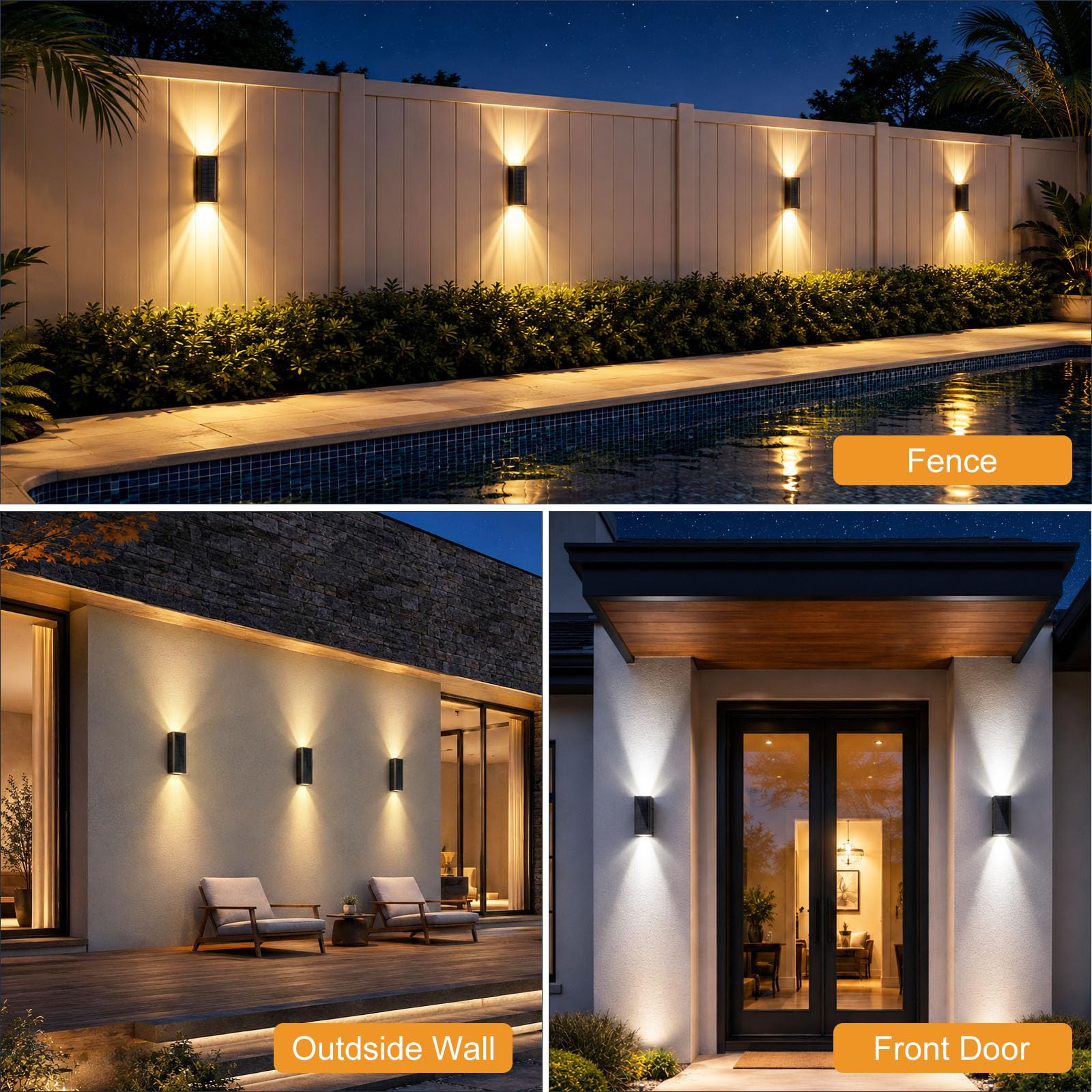 Lacasa Luz Solar Exterior de Pared, 4 Pack 2 Modos Luces Solares Apliques | 2 Colores en 1 (2700K/6500K), Impermeable IP65, Up & Down Iluminación Auto On/Off, LED Lampara Solar para Jardin Garaje Patio