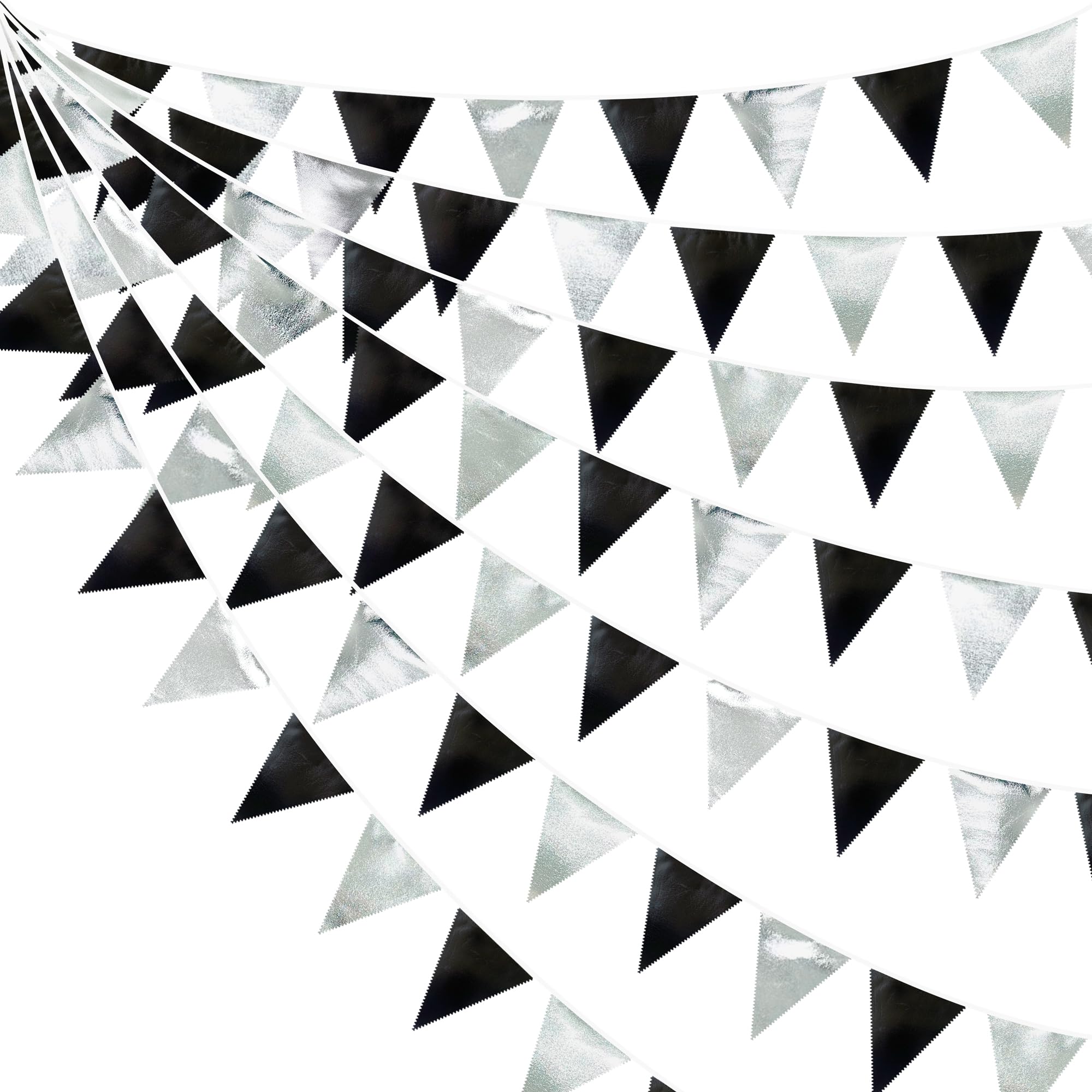 32Ft Black Silver Fabric Triangle Banner Flag Double Sided Metallic Holographic Pennant Bunting Garland for Graduation Retirement Disco Birthday Wedding Baby Bridal Shower Engagement Party Decorations