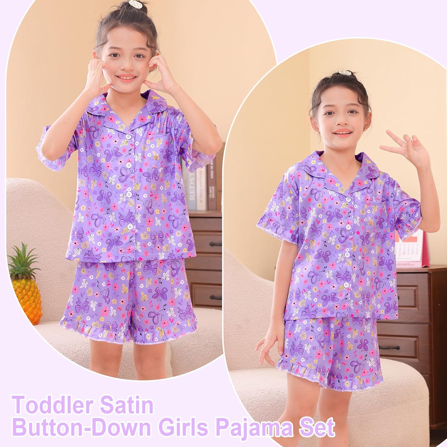 MHJY Toddler Girls Pajama Set Silk Satin Girls Pajamas Short Sleeve Button-Up Top Pajamas for Kids - Image 4