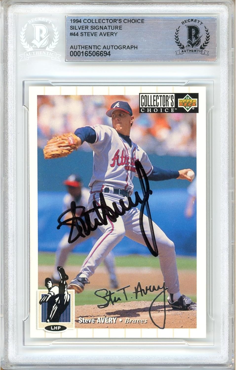 Steve Avery Autographed 1994 Collectors Choice Silver #44 Baseball Trading Card Slab Beckett BAS Authentic Slabbed COA Played For Atlanta Braves MLB