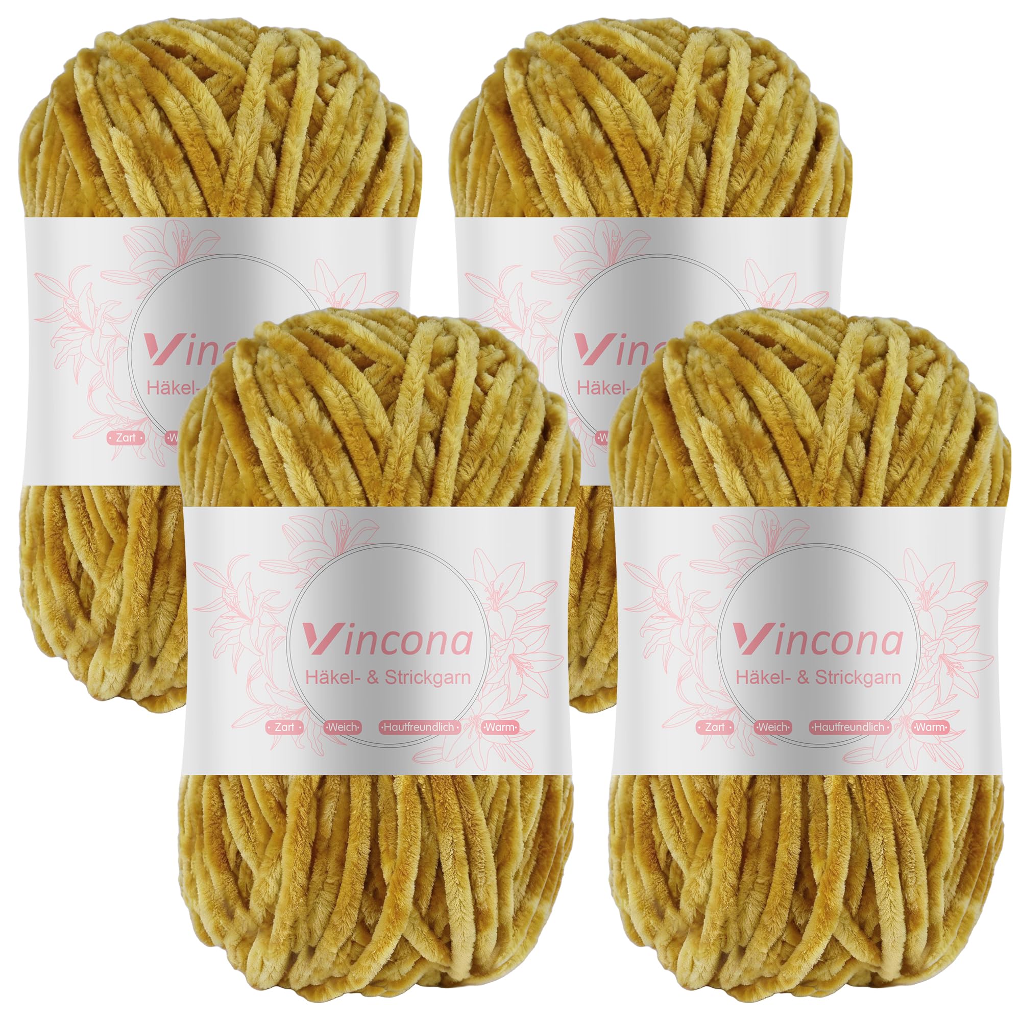 Vincona Chenille Yarn 4 x 100g Super Soft Chunky Yarn for Knitting and Crochet Yarn Clothes, Handbag, Shoes Hats Sweaters Blankets Scarves，DIY- Ideal for Beginners Adults Turmeric Yellow