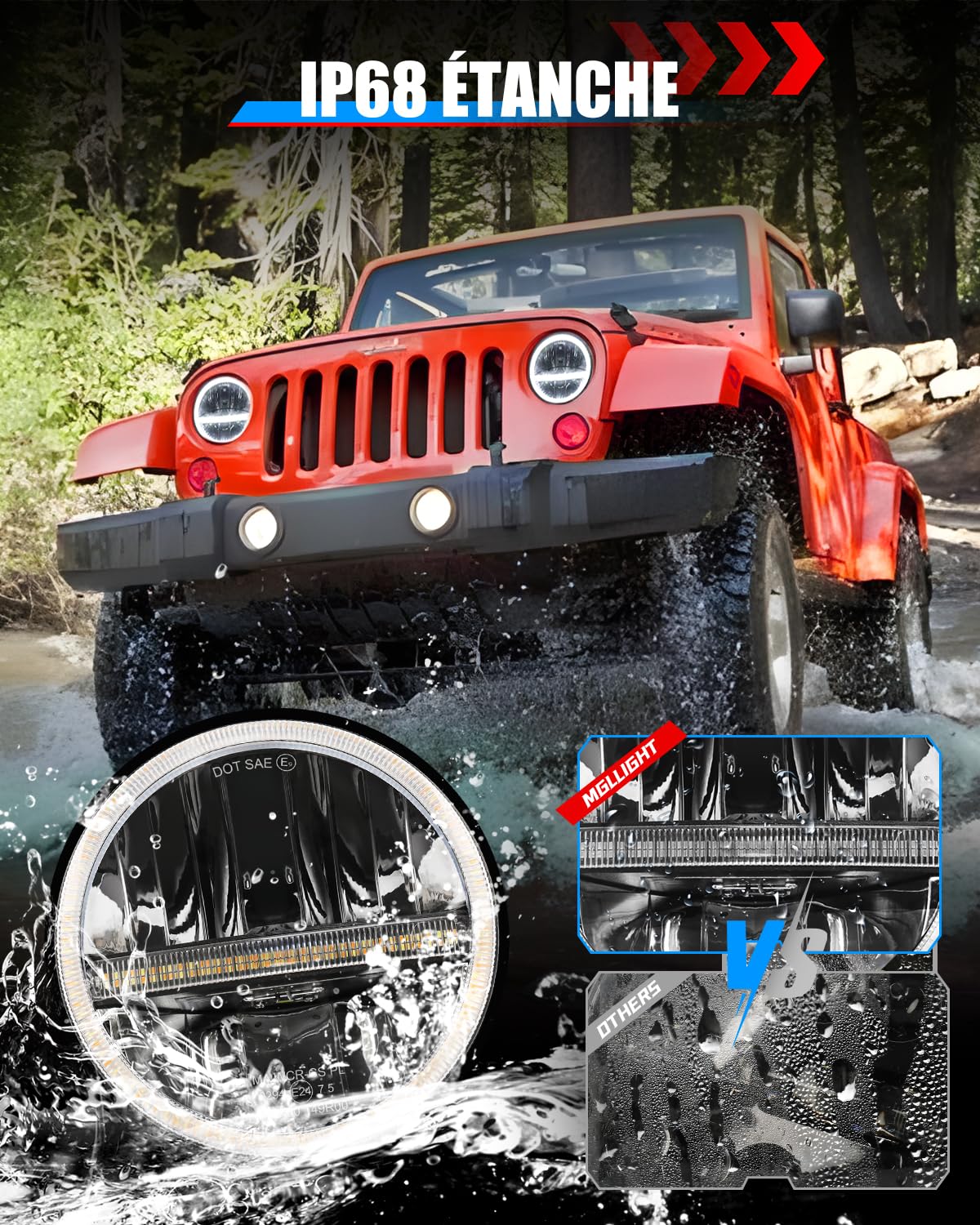 BraveWAY 7 Pouces Led Phare 60W 15000LM, 2PCS Phare Led Wrangler JK，Dot Approuvé Hi Lo Beam Blanc Ambré DRL,Câble H4-H13 Compatible Avec Wrangler JK TJ LJ CJ Hummber H1 H2,Plug and Play