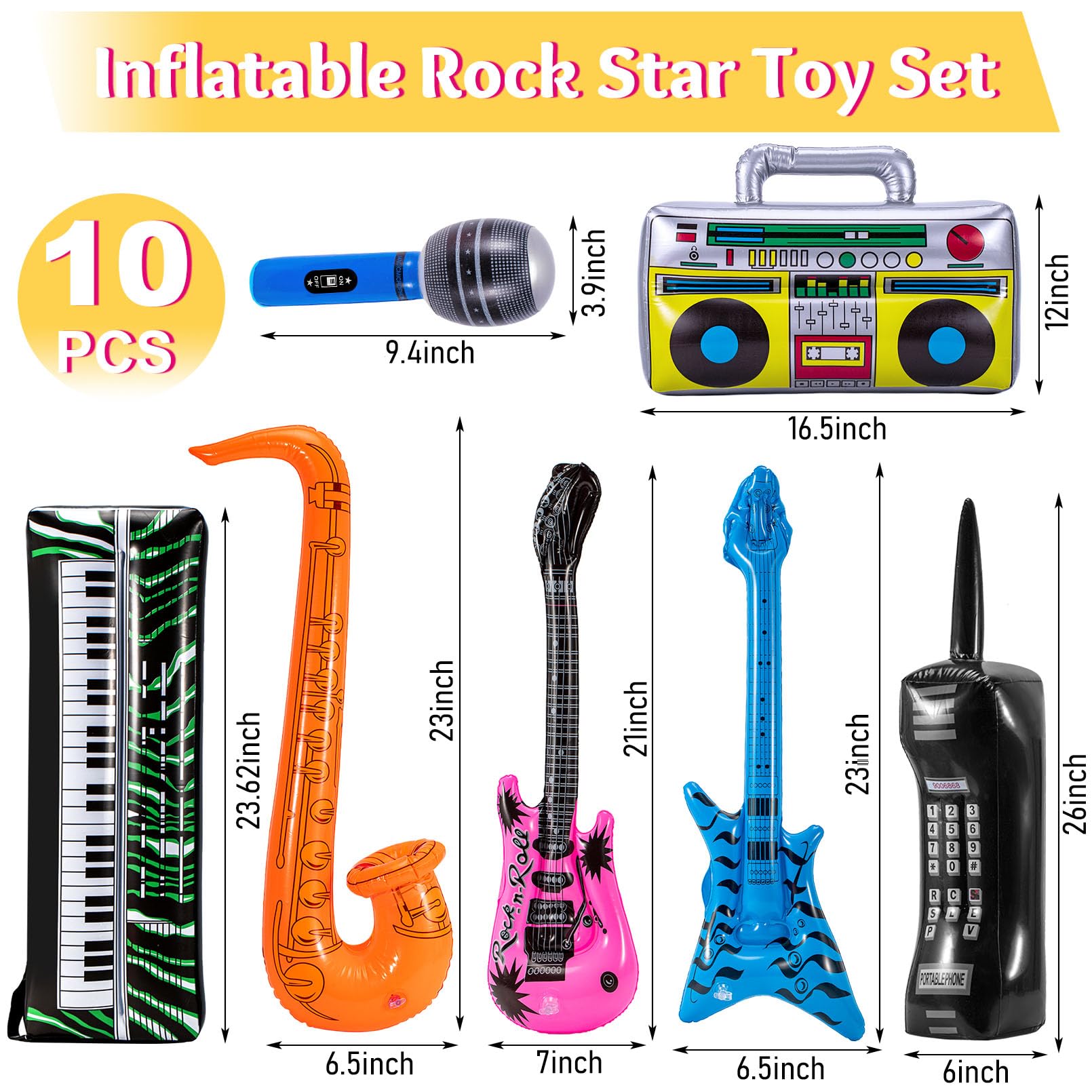 11 strumenti gonfiabili Rock Star, set di strumenti gonfiabili, per feste gonfiabili, accessori per strumenti musicali a tema anni '80 anni '90